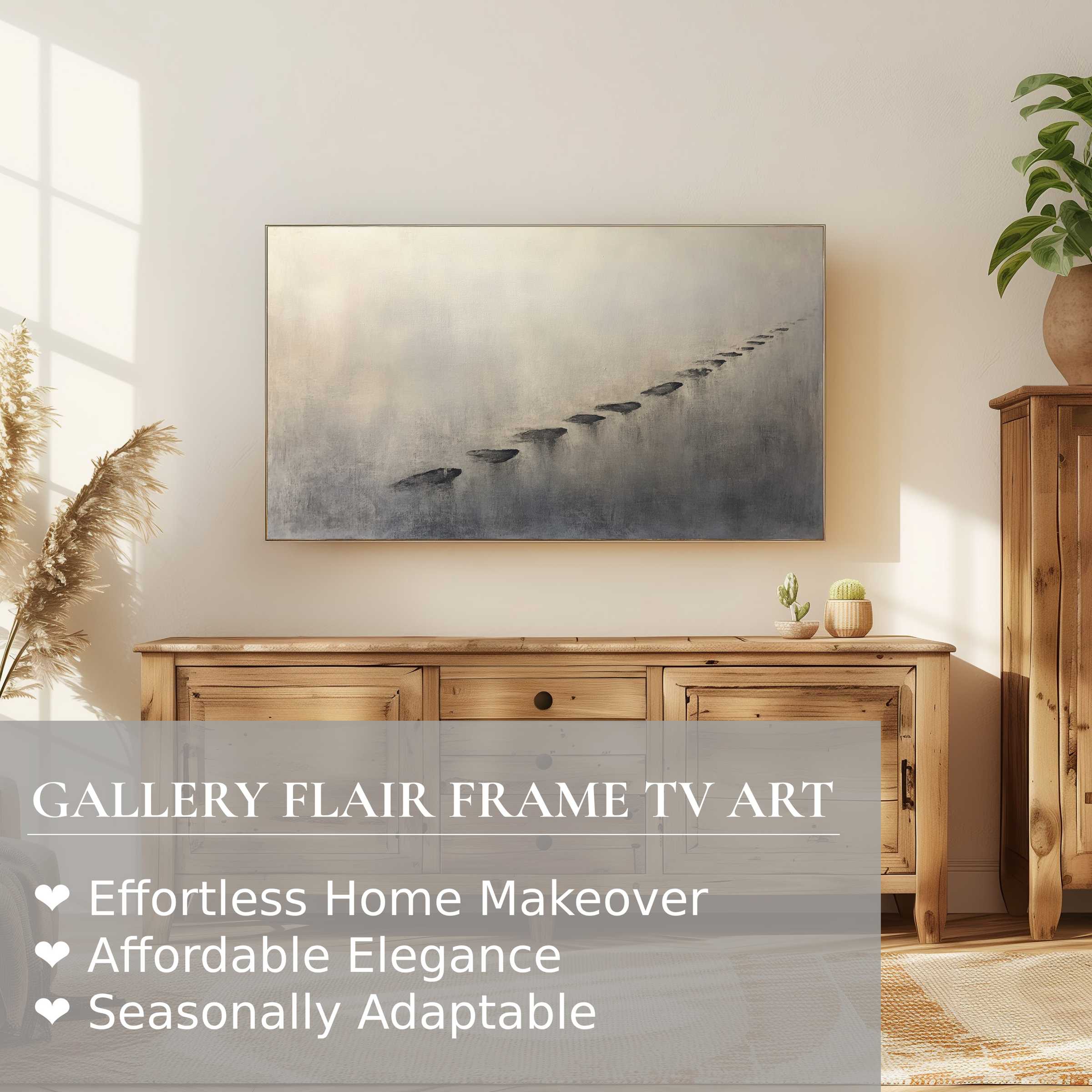 Samsung Frame TV displaying minimalist digital artwork of misty stepping stones in a serene, elegant room