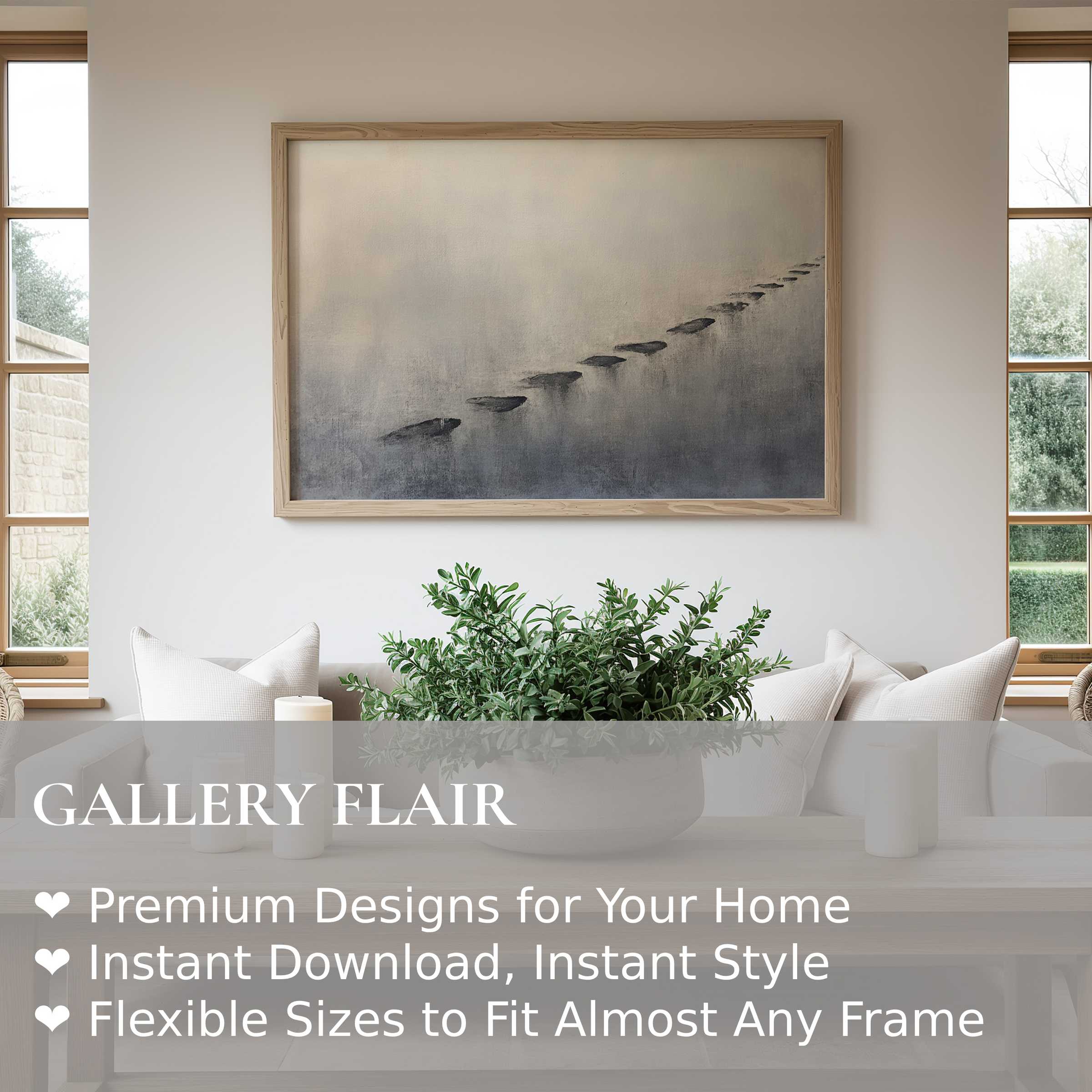 Minimalist wall art print with serene stepping stones, evoking calm and balance in modern Scandinavian interiors