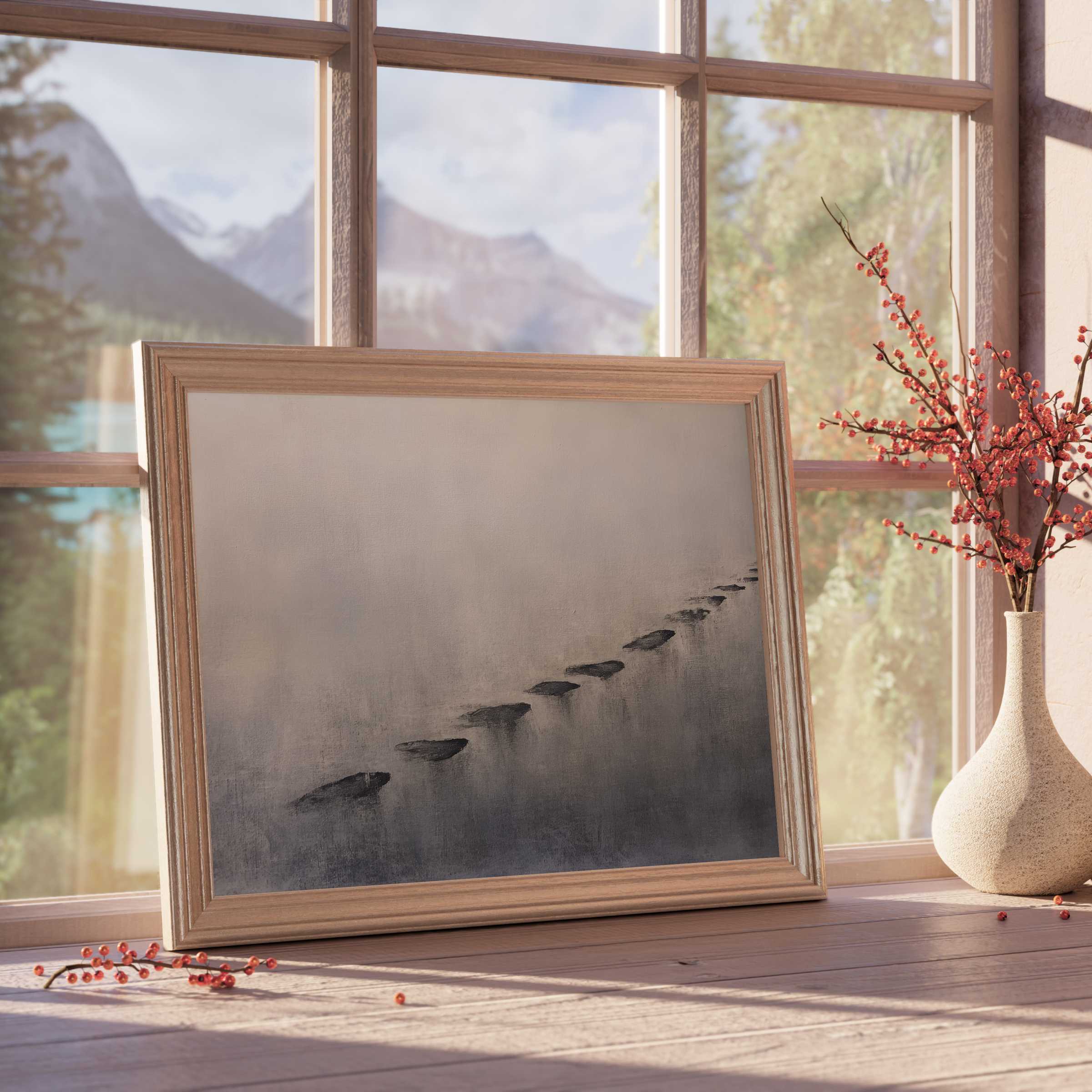 Minimalist downloadable art featuring serene stepping stones in misty tones, enhancing calm, curated, and design-forward interiors