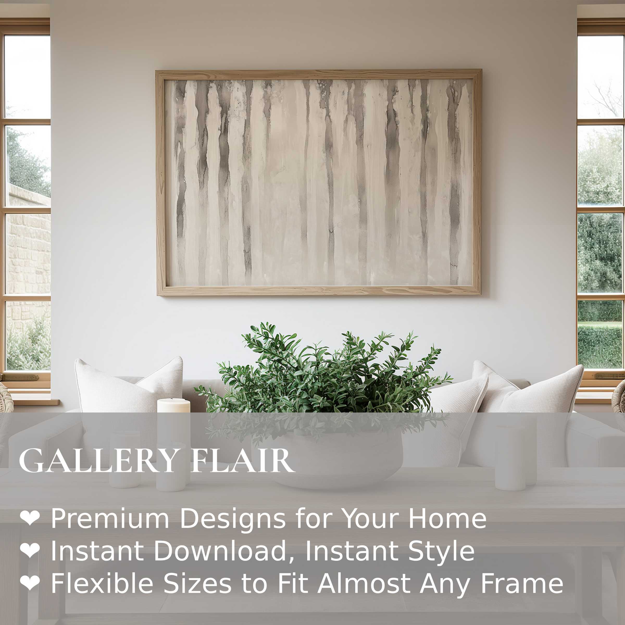 Serene neutral wall art print with soft vertical strokes, enhancing modern minimalist interiors with calming, sophisticated elegance