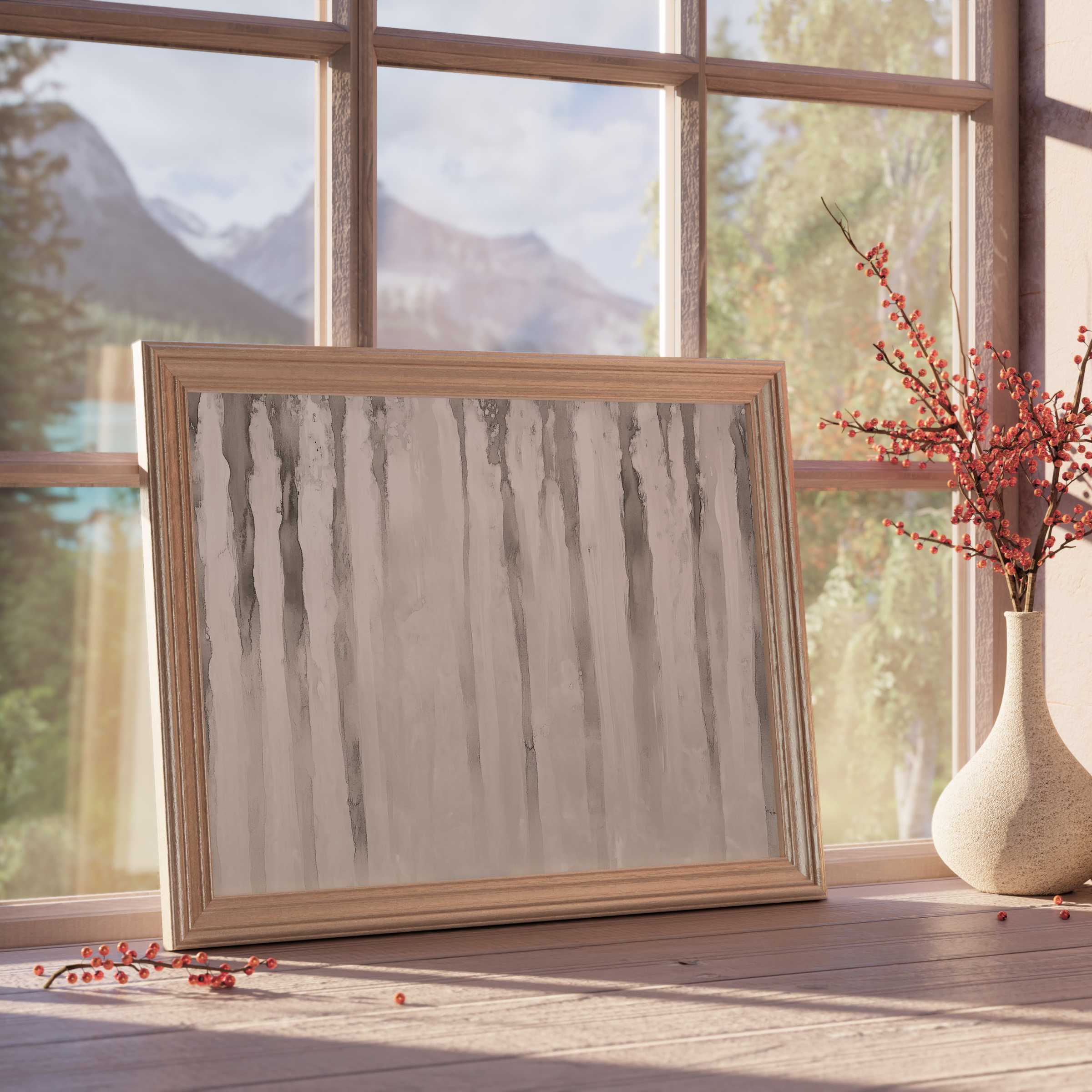 Neutral downloadable art featuring soft vertical textures in serene taupe and gray hues, perfect for elevating tranquil, design-forward interiors This curated piece radiates calm sophistication, enhancing premium living spaces with understated elegance and warm natural light Ideal for modern home décor and minimalist sanctuary settings