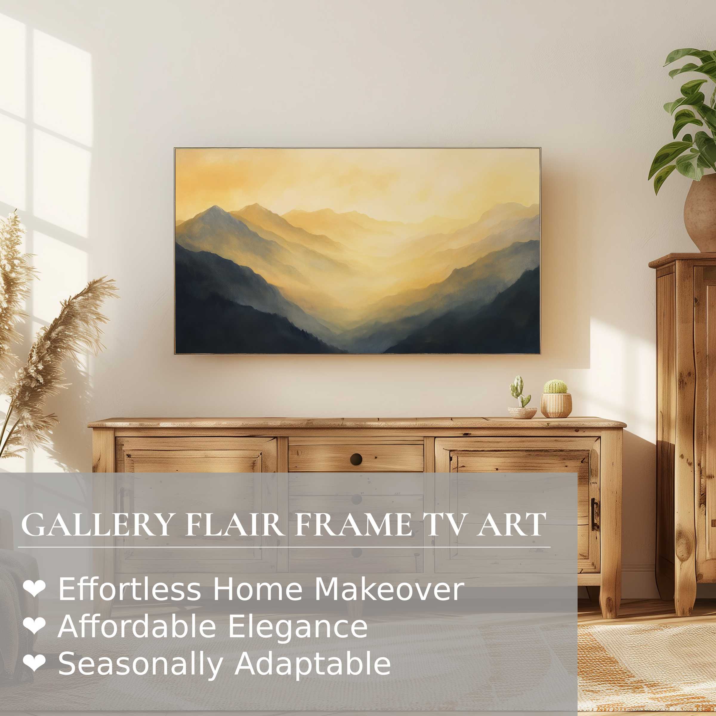 Samsung Frame TV displaying warm, misty mountains in refined landscape digital artwork, perfect for elegant home décor