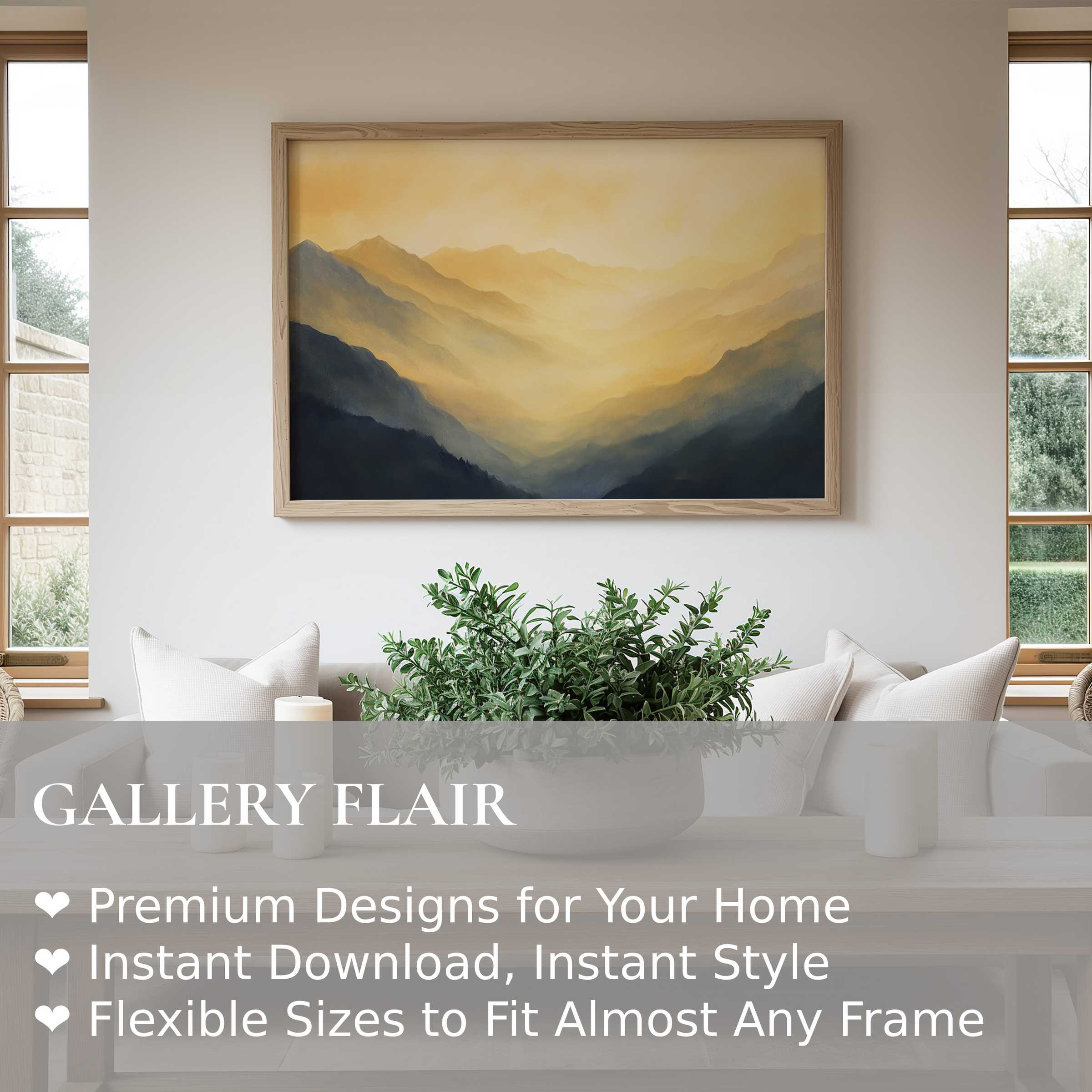 Serene golden-hued landscape wall art print with soft mountain layers, elevating modern minimalist interiors with calming warmth and natural elegance