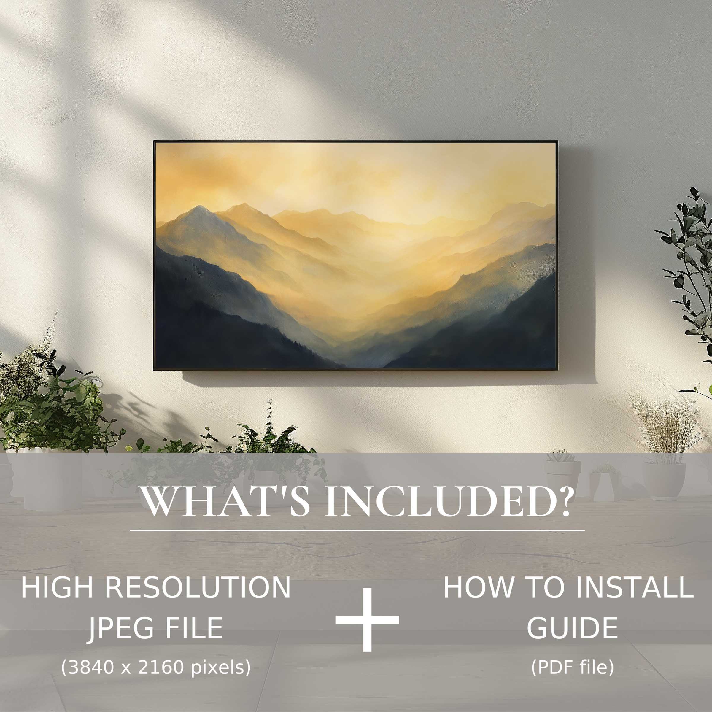 Elegant landscape digital TV art download enhances living spaces with easy digital use and serene mountain views