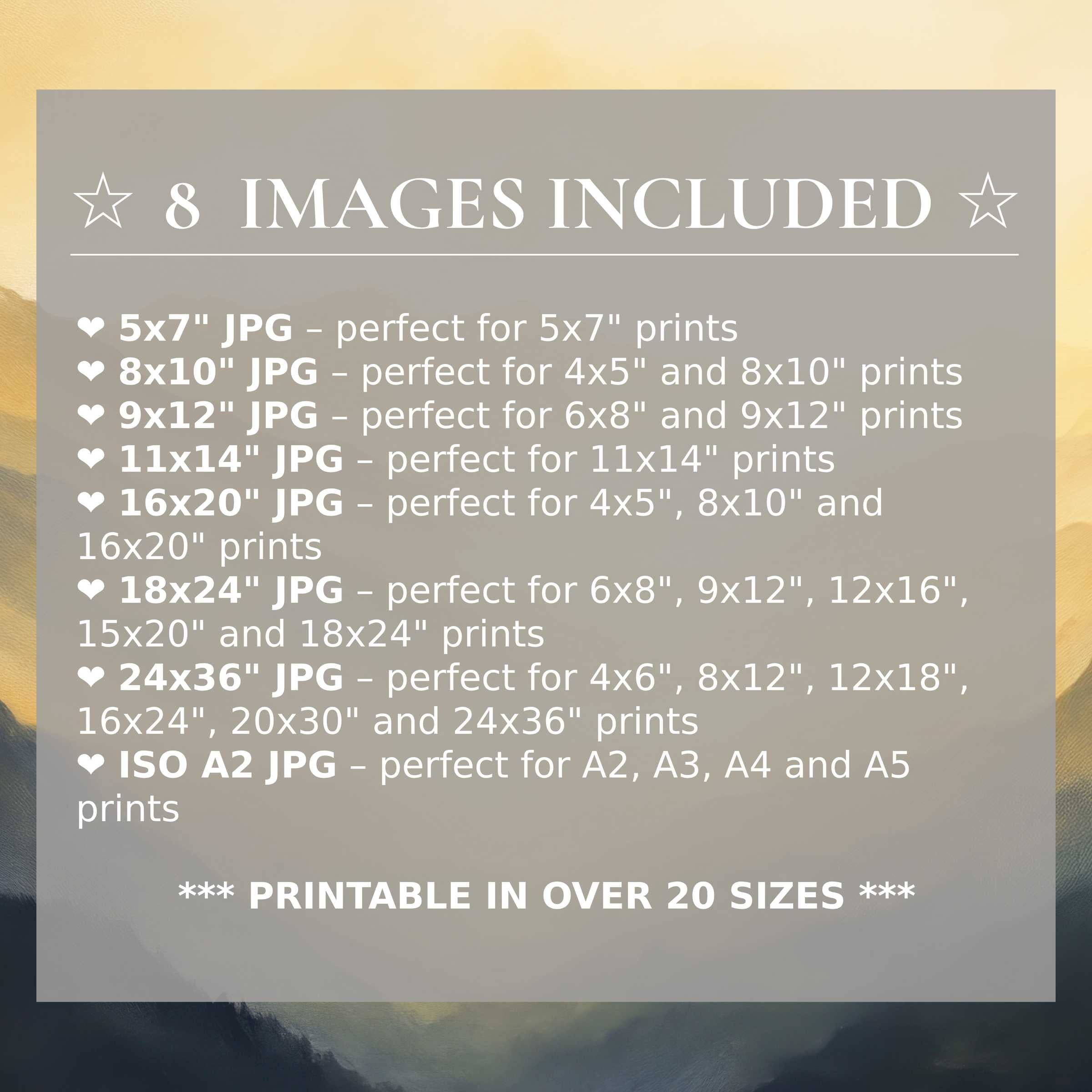 Radiant landscape digital print in warm golds and deep blues, elevating modern interiors with calming luxury; includes 8 premium sizes