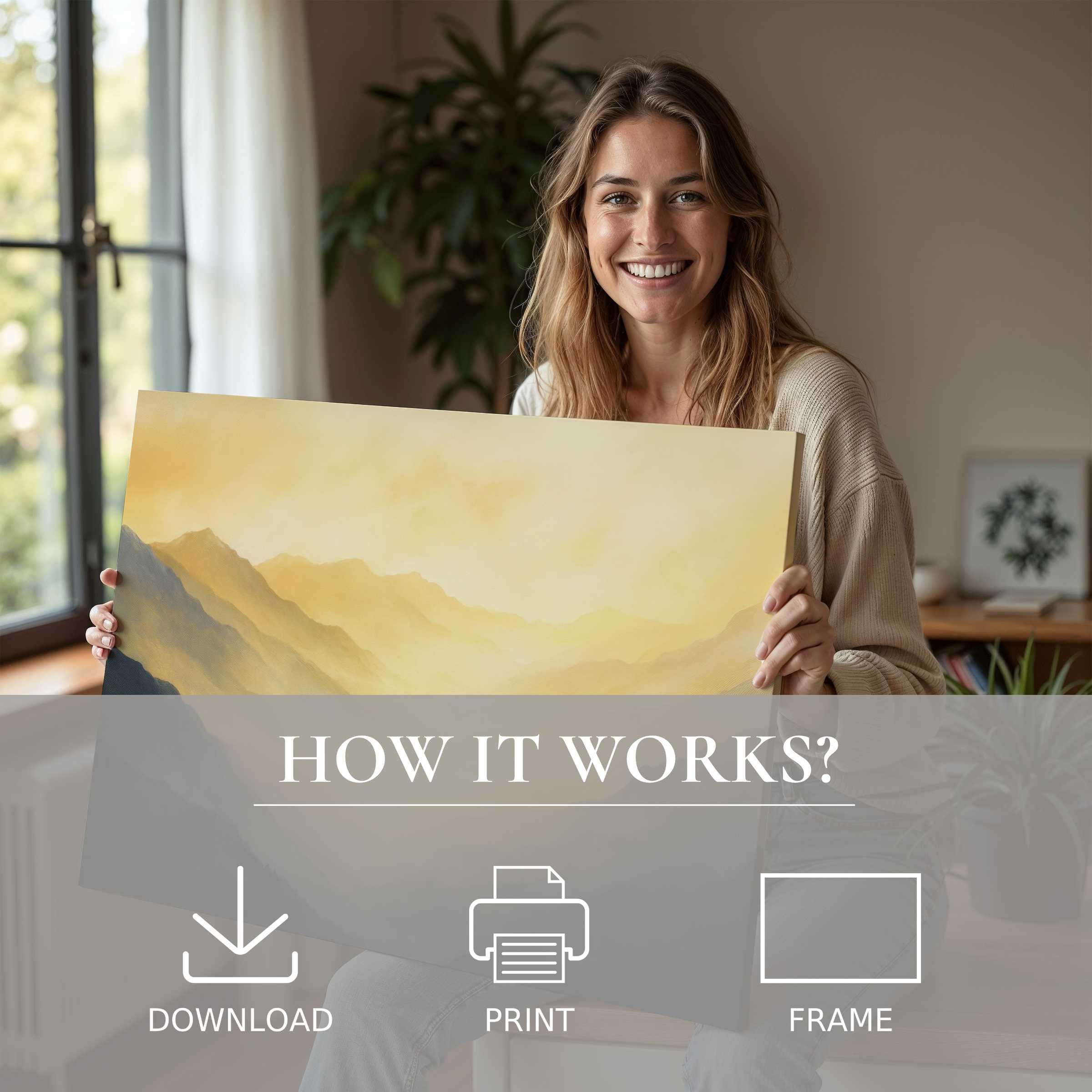 A serene moment of joy and connection with a warm-hued landscape digital art print in a modern, stylish home