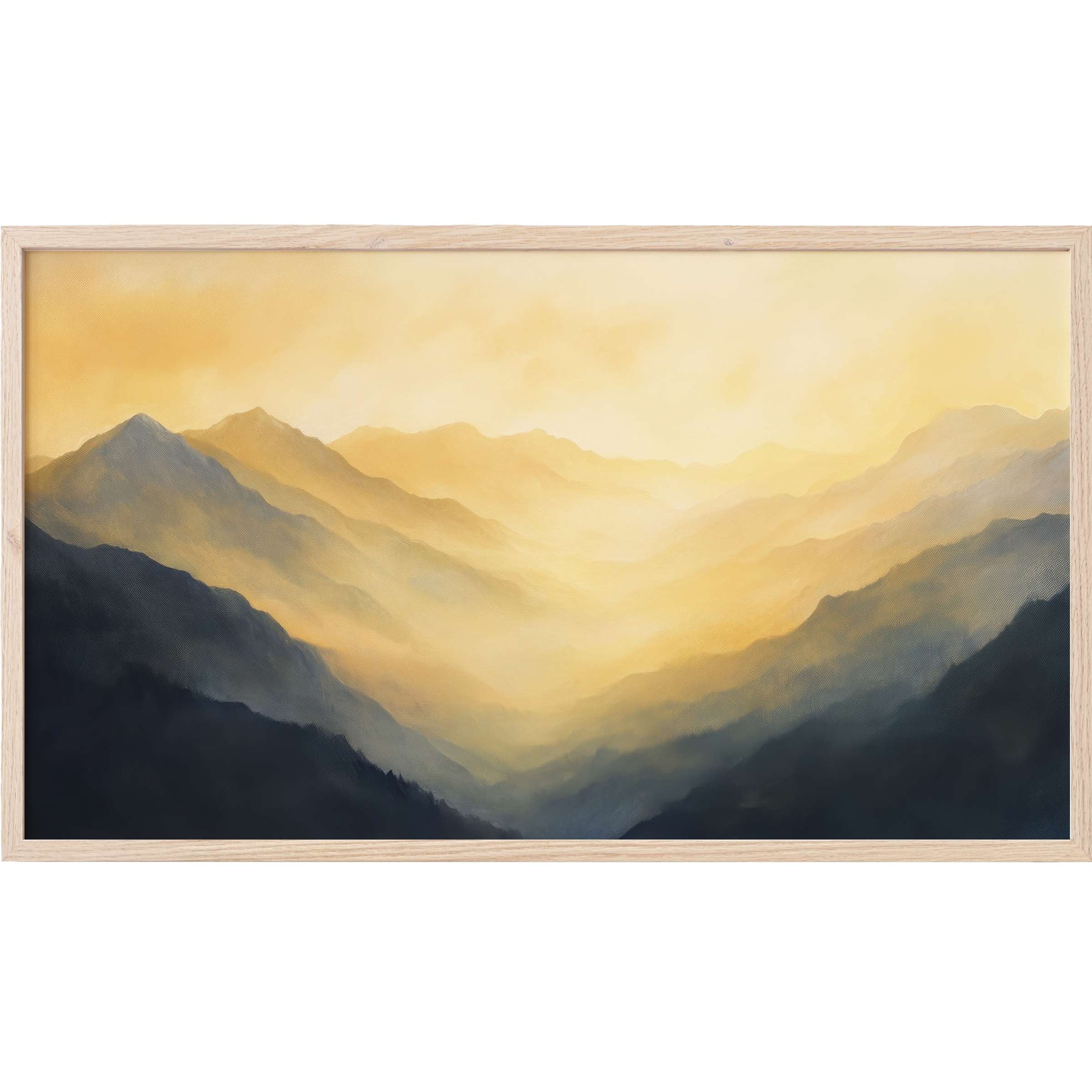 Soft golden hues blend with deep shadows in this serene mountain vista, perfect landscape Frame TV Art