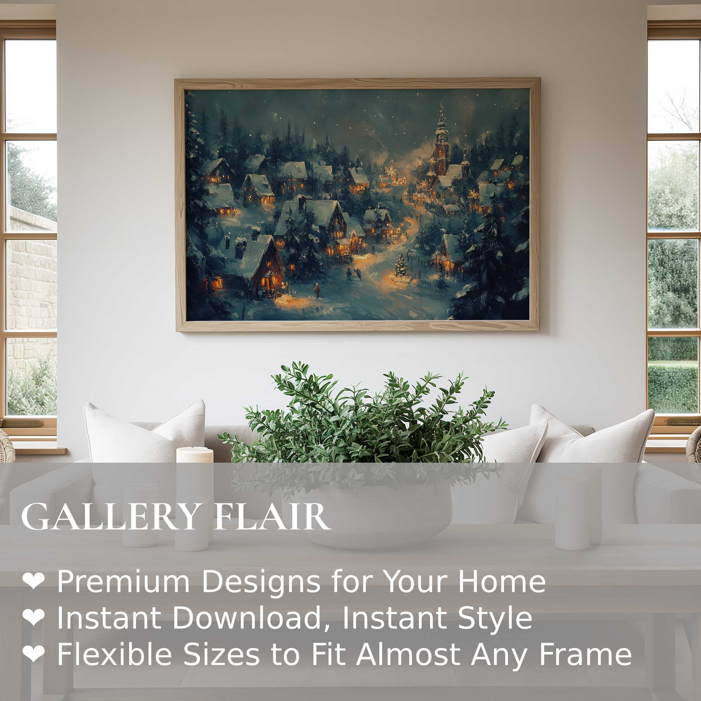 Christmas wall art print featuring a serene snowy village scene with glowing warm lights, adding cozy elegance to modern minimalist interiors