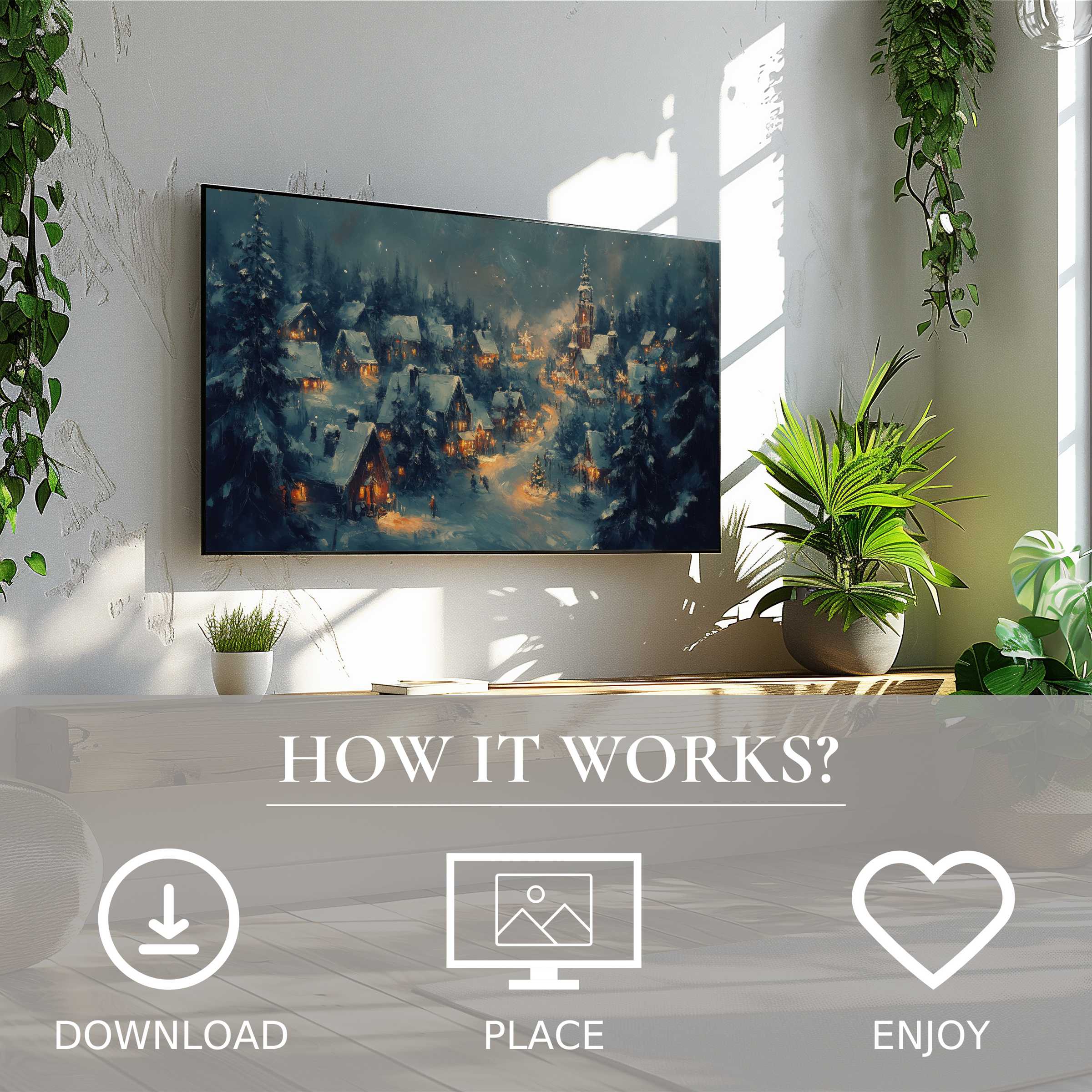 Modern living room with christmas art for Samsung TV showing cozy village in soft winter blues, easy digital download