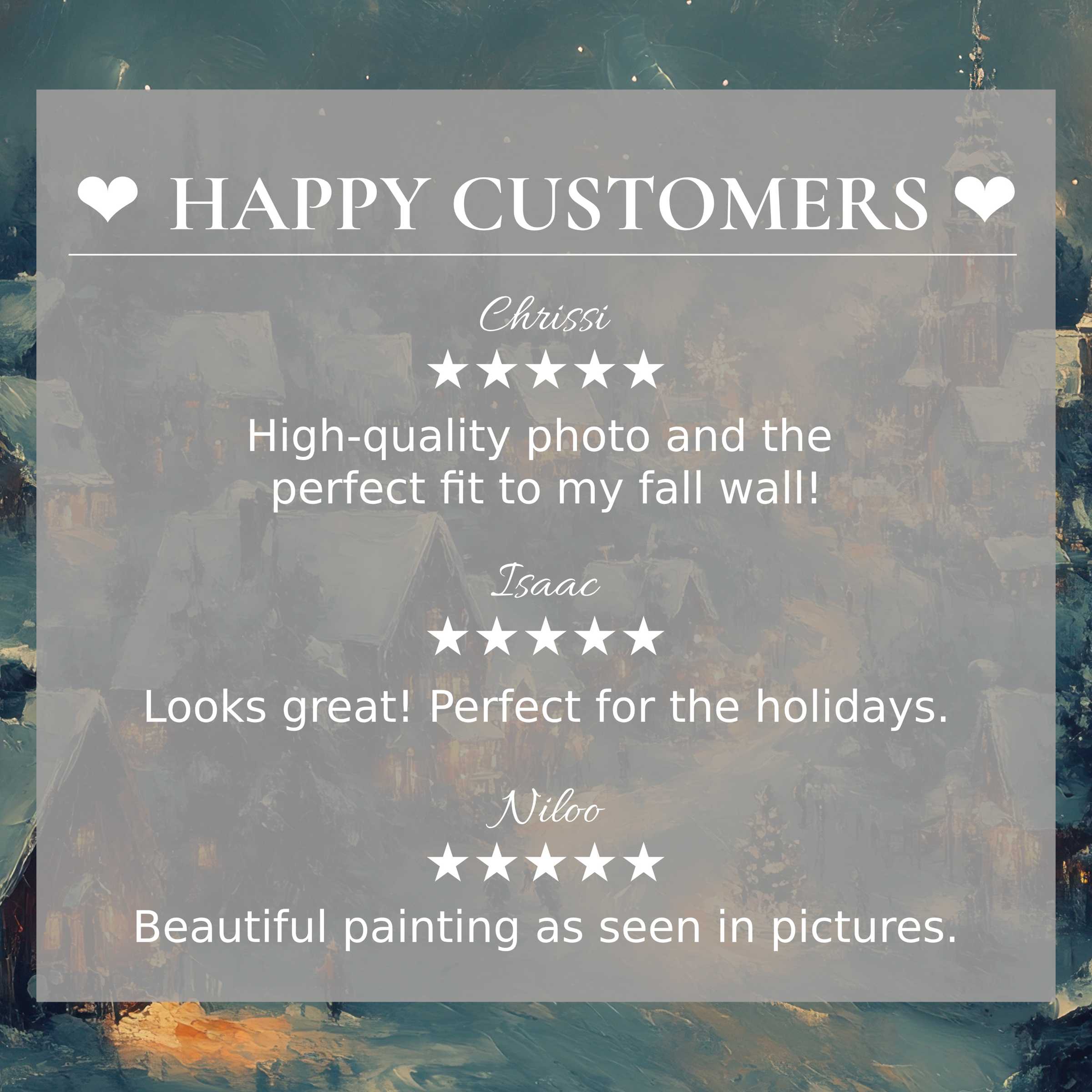Happy customer reviews highlight elegant, snowy village christmas art for Frame TV with a trust-building, refined layout