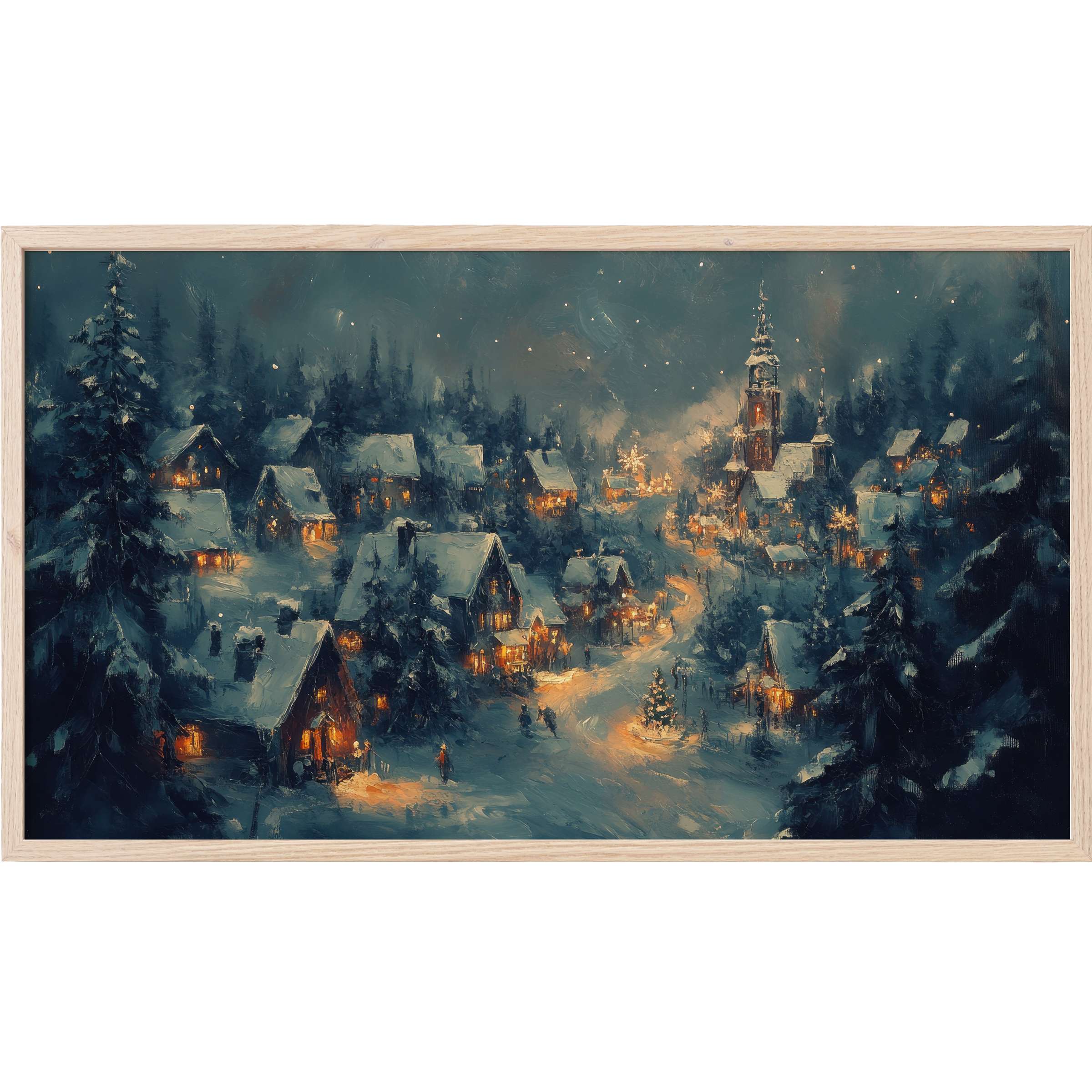 Vintage winter village aglow with warm lights and snow, elegant christmas Frame TV Art in moody blues and amber