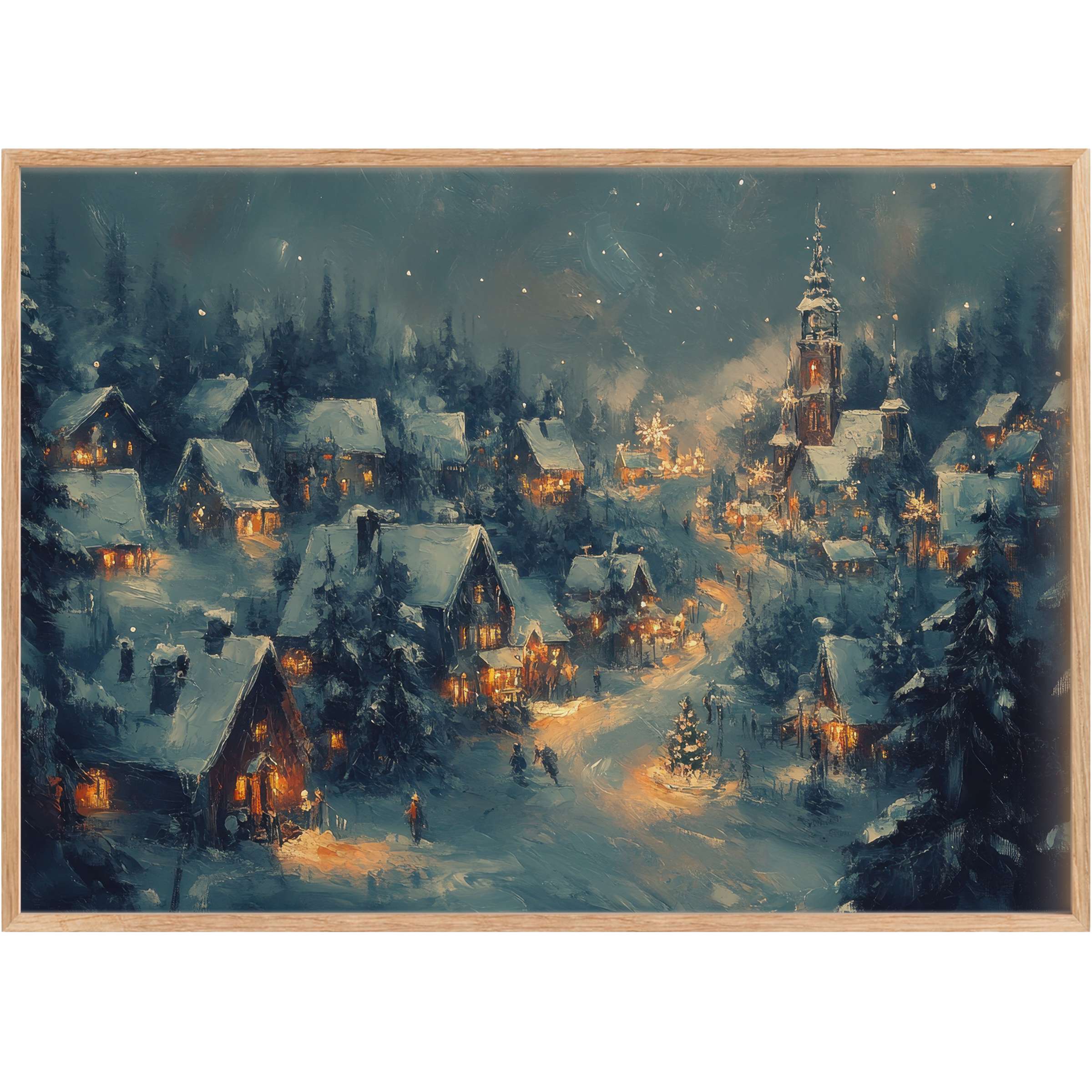 Enchanting Christmas printable wall art capturing a snowy village aglow with warm amber lights, evoking cozy, serene winter nights