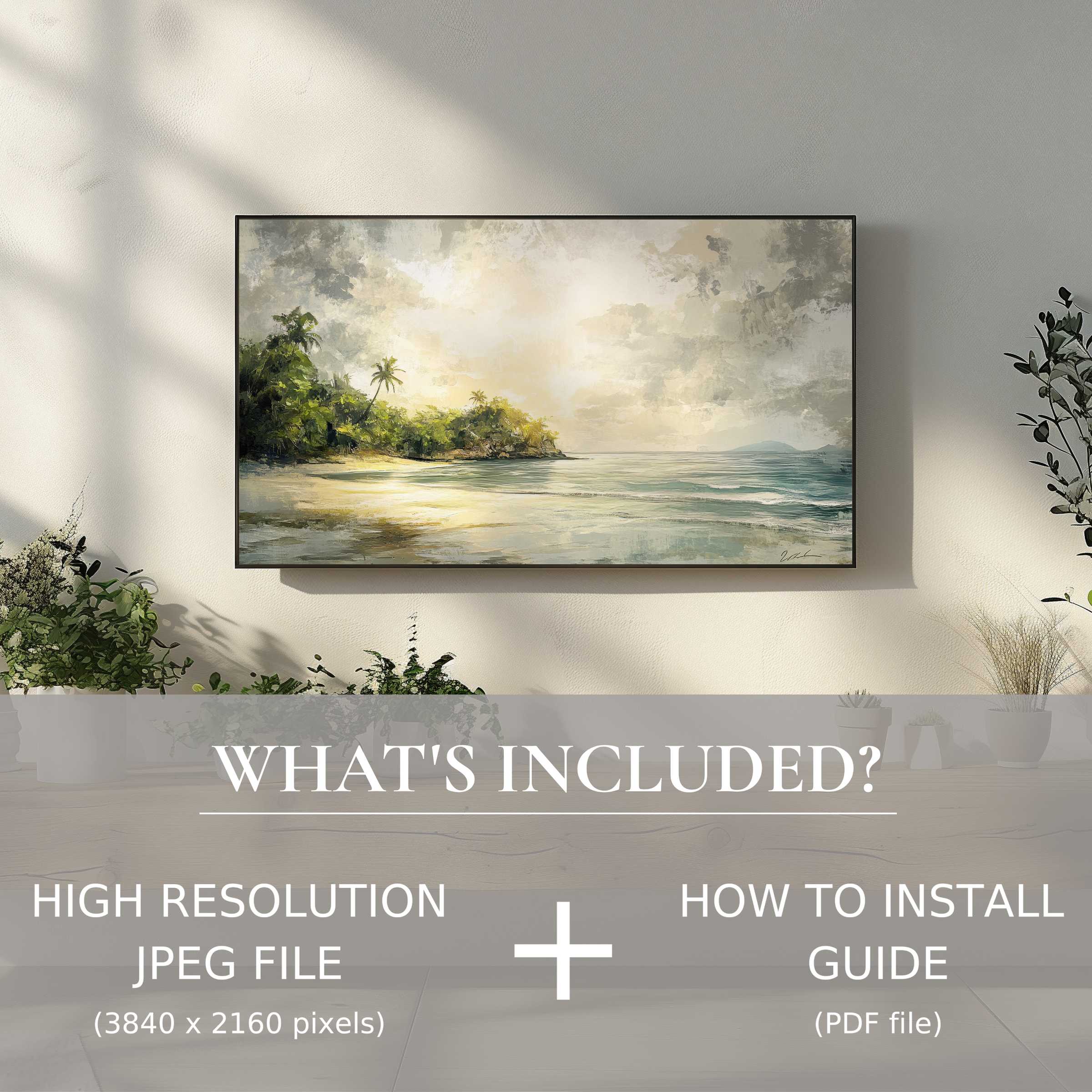 Elegant summer digital TV art download featuring a serene beach scene, enhancing your space with easy digital use