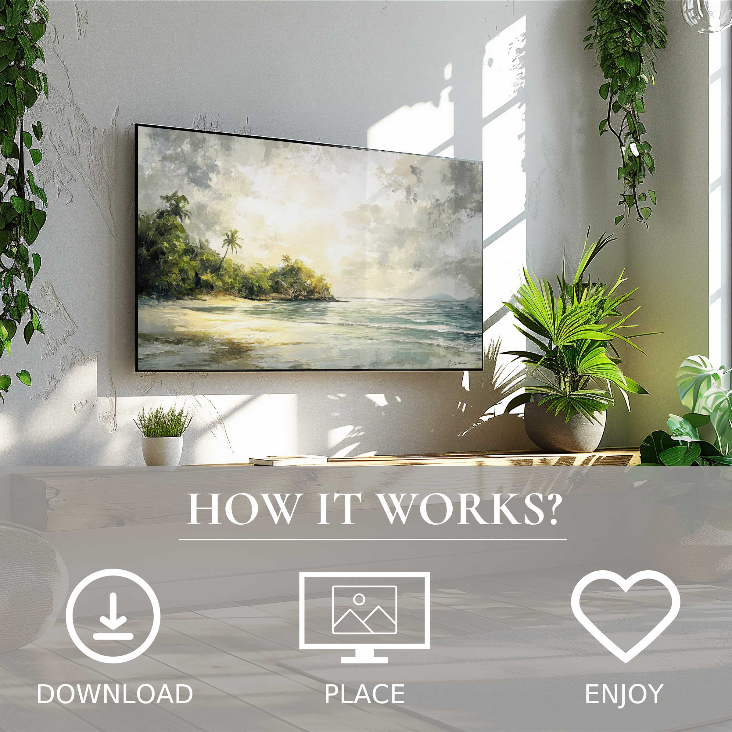Summer art for Samsung TV shows soft sunset tones on a beach scene; easy digital download enriches any modern living space