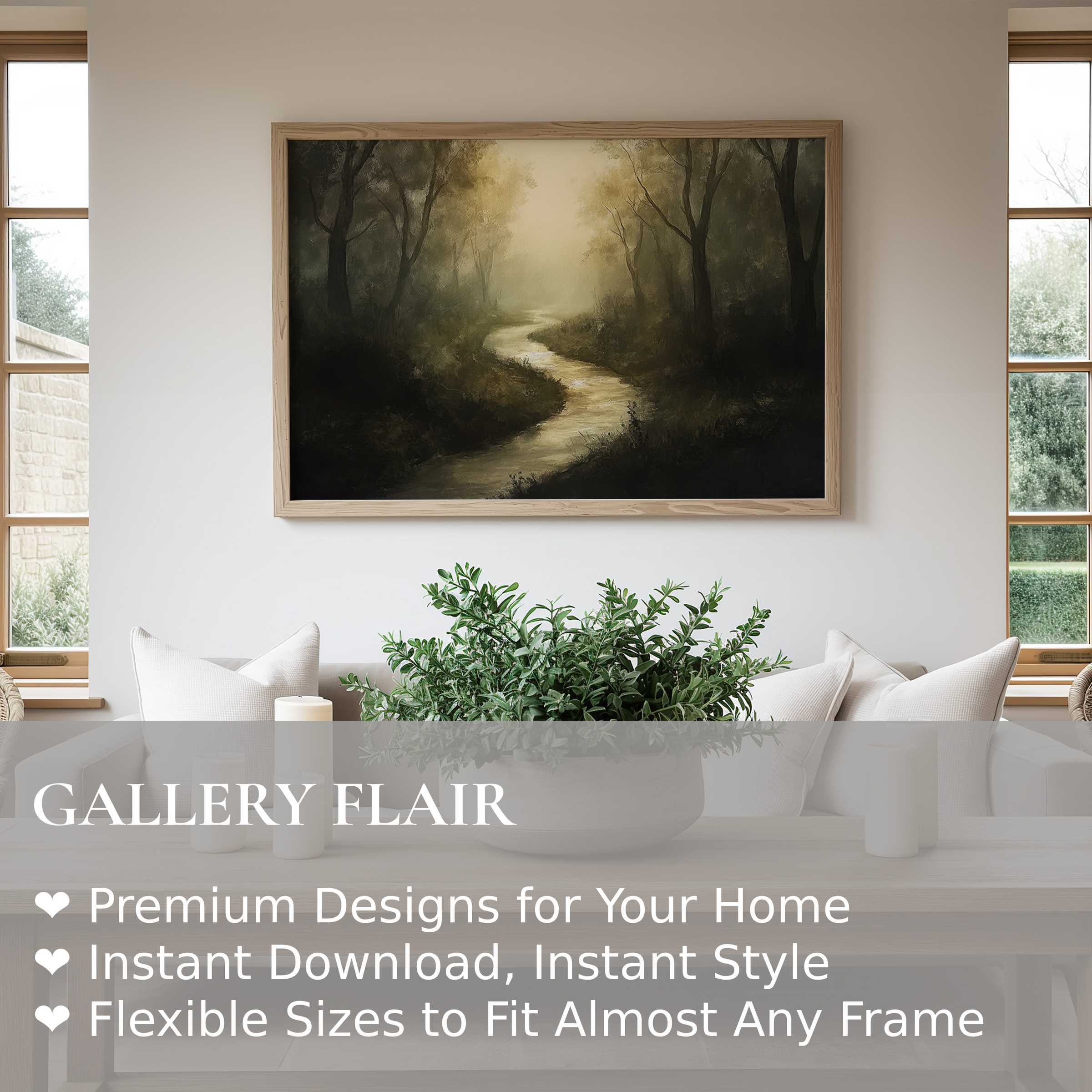Vintage wall art print featuring a serene, misty forest stream, adding a timeless, calming vibe to modern rustic interiors