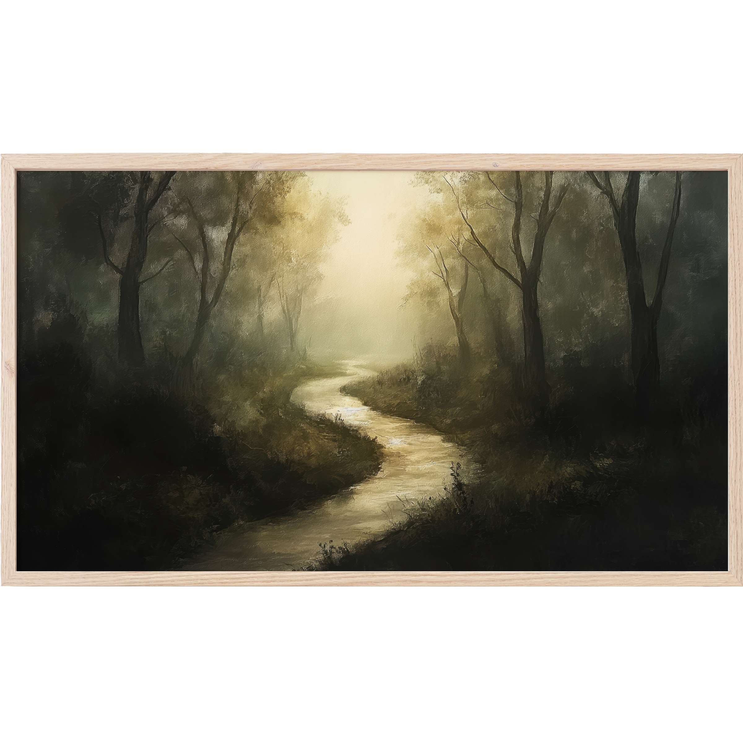 Vintage Frame TV Art depicting a misty woodland scene with muted greens and golden light accents