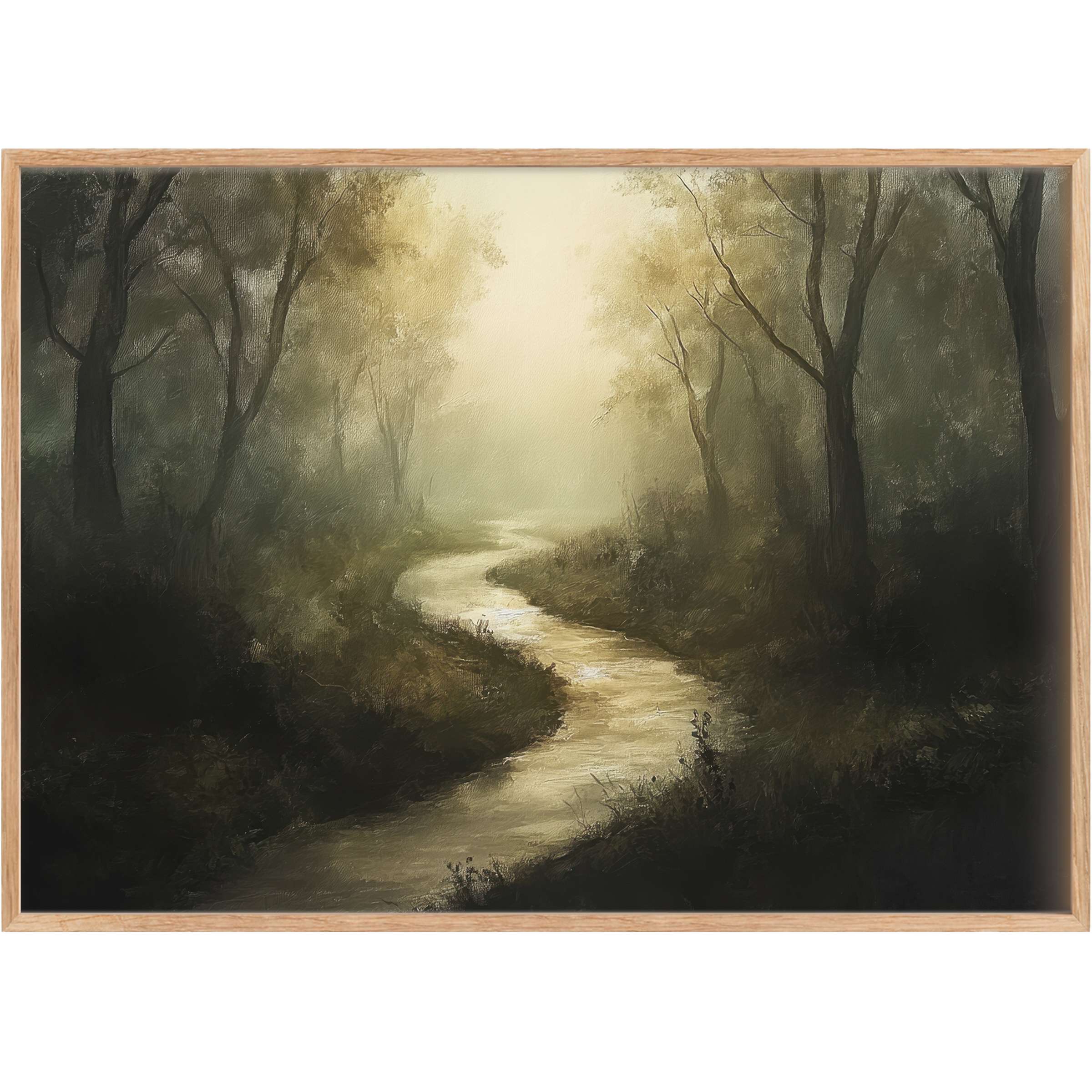 Vintage printable wall art featuring a serene, winding creek bathed in soft golden light, evoking a calming, timeless ambiance