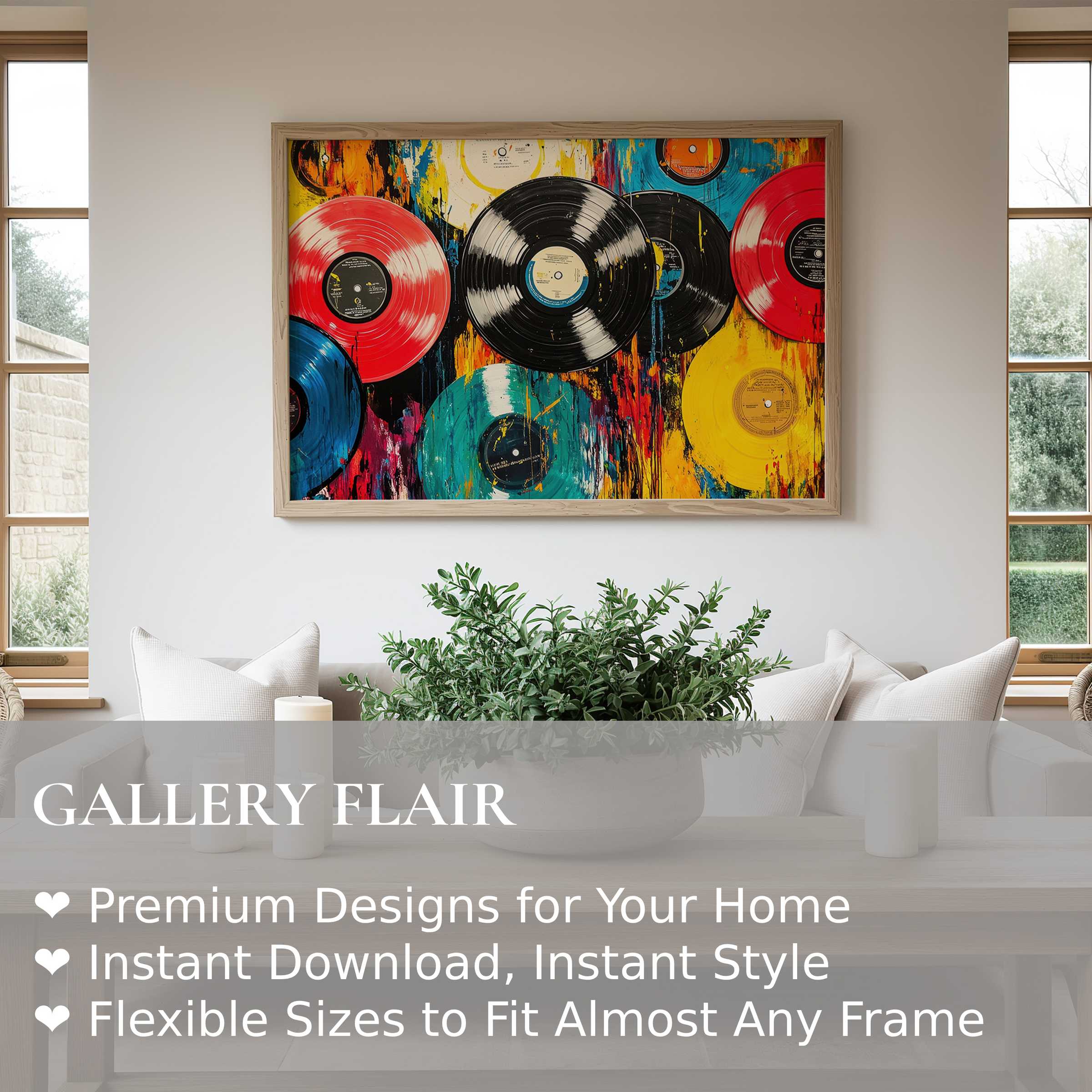 Vibrant pop art wall art print featuring colorful vinyl records radiates bold energy, enriching this modern, serene living space