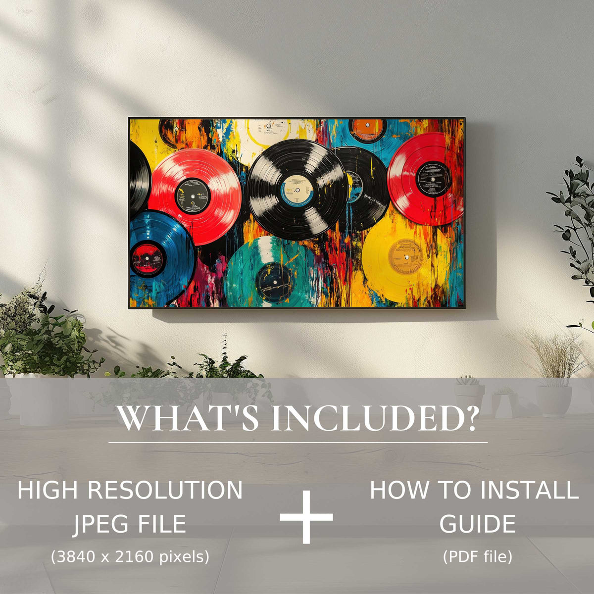Modern living space with vibrant pop art digital TV art download - easy to use, instantly elevates decor