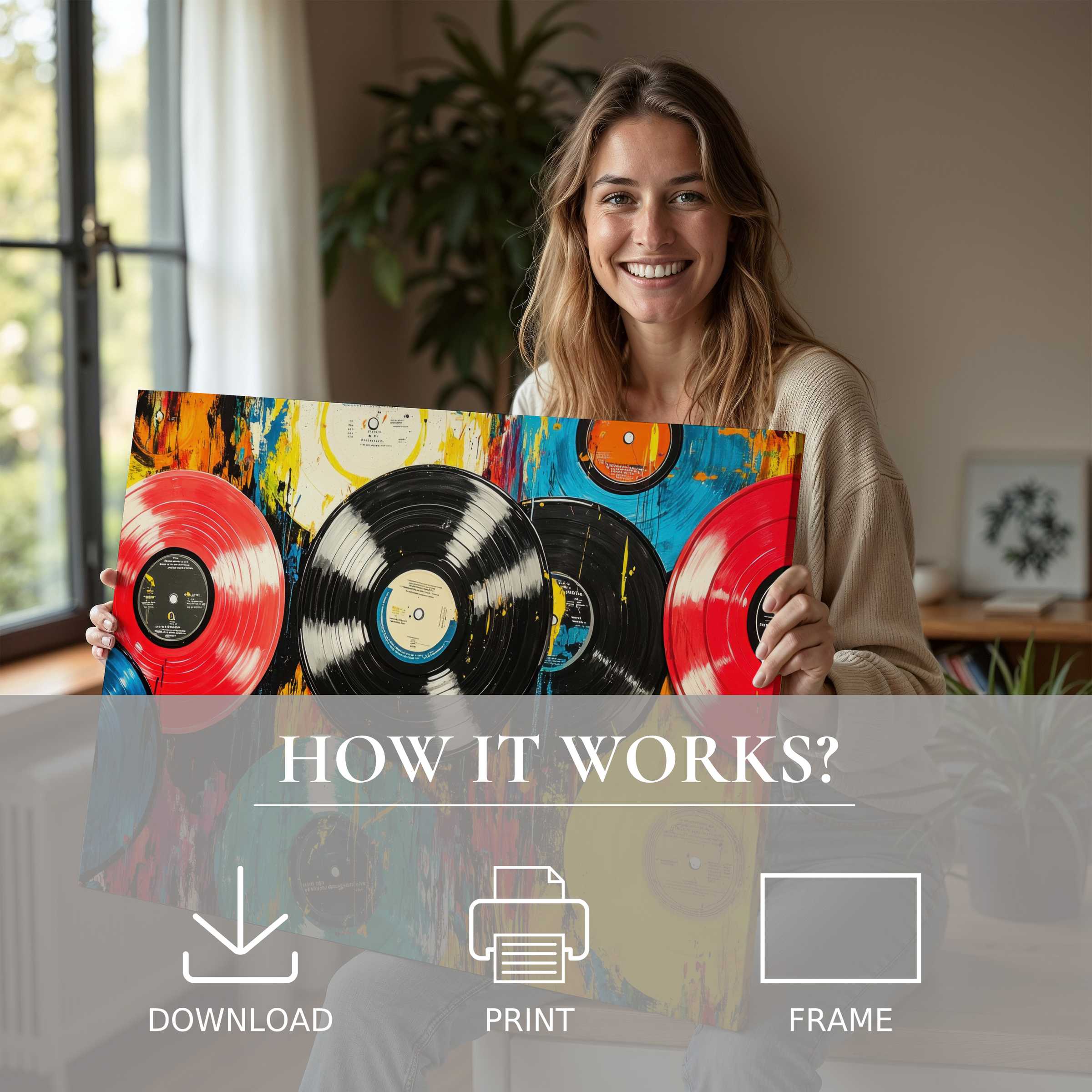Radiant joy unfolds in this serene moment, celebrating the effortless charm of a pop art digital art print in a bright, modern home