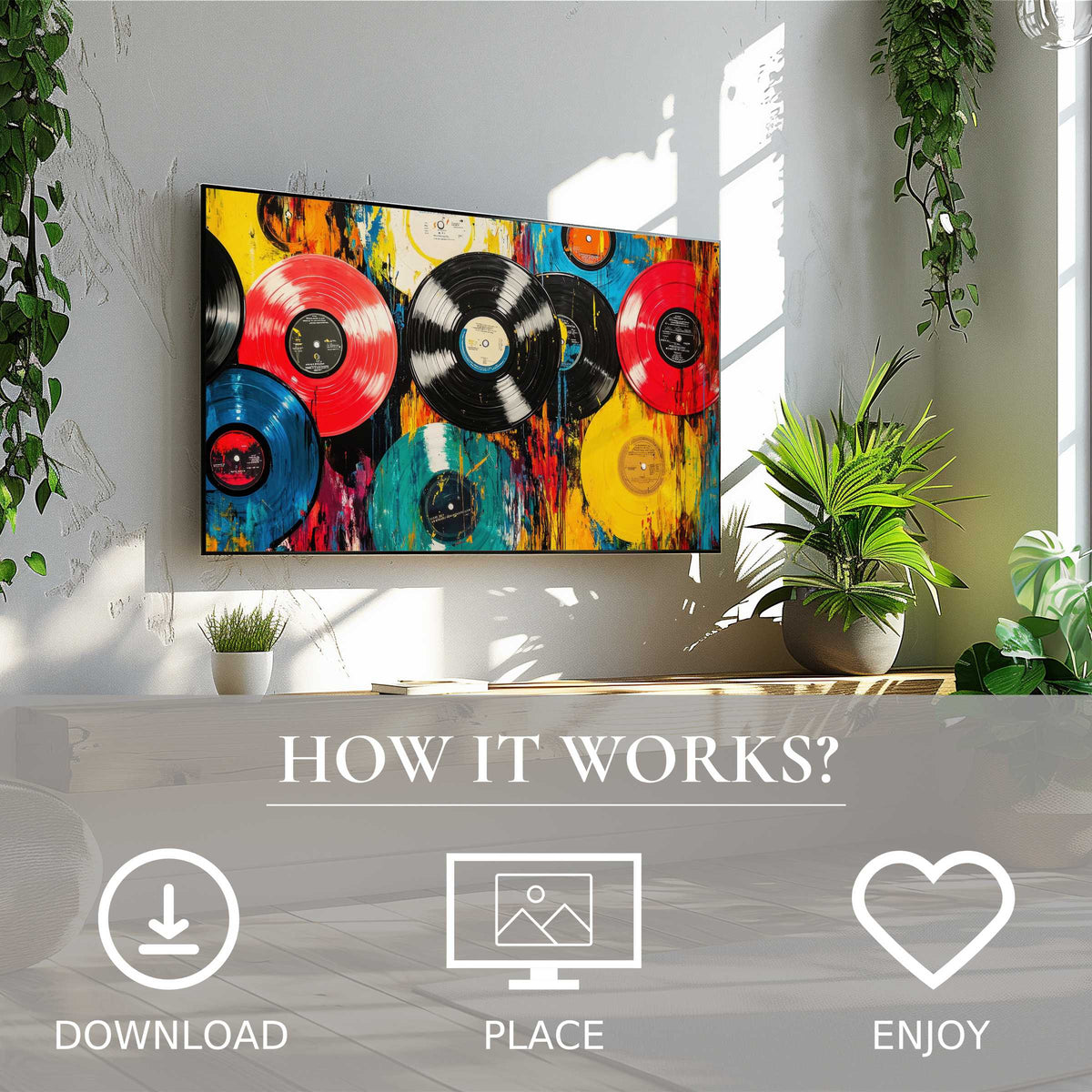 Pop art art for Samsung TV shows vibrant vinyl records motif; easy digital download enriches stylish living spaces