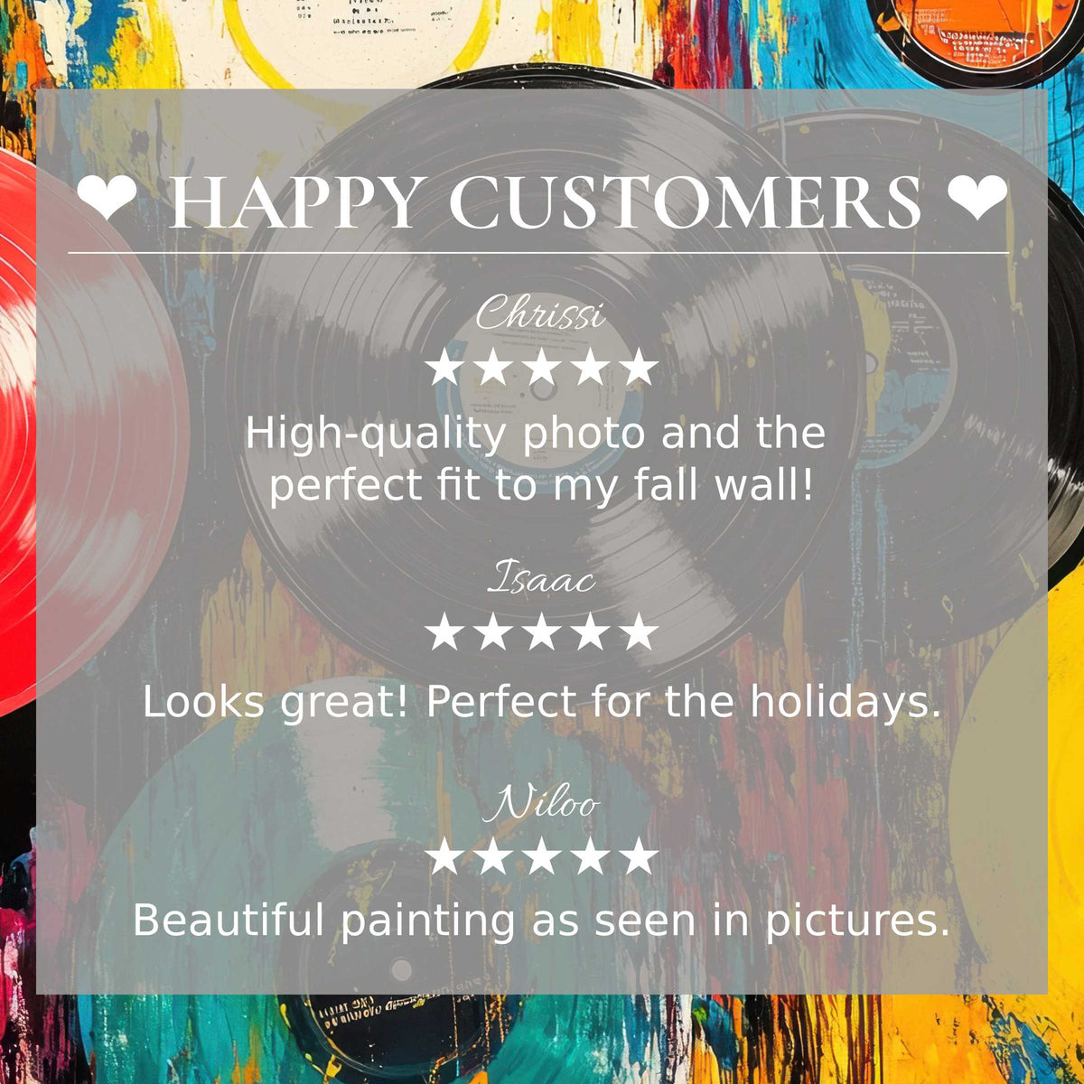 Pop art for Frame TV with vinyl records on abstract sunset colors, featuring happy customer reviews and elegant design