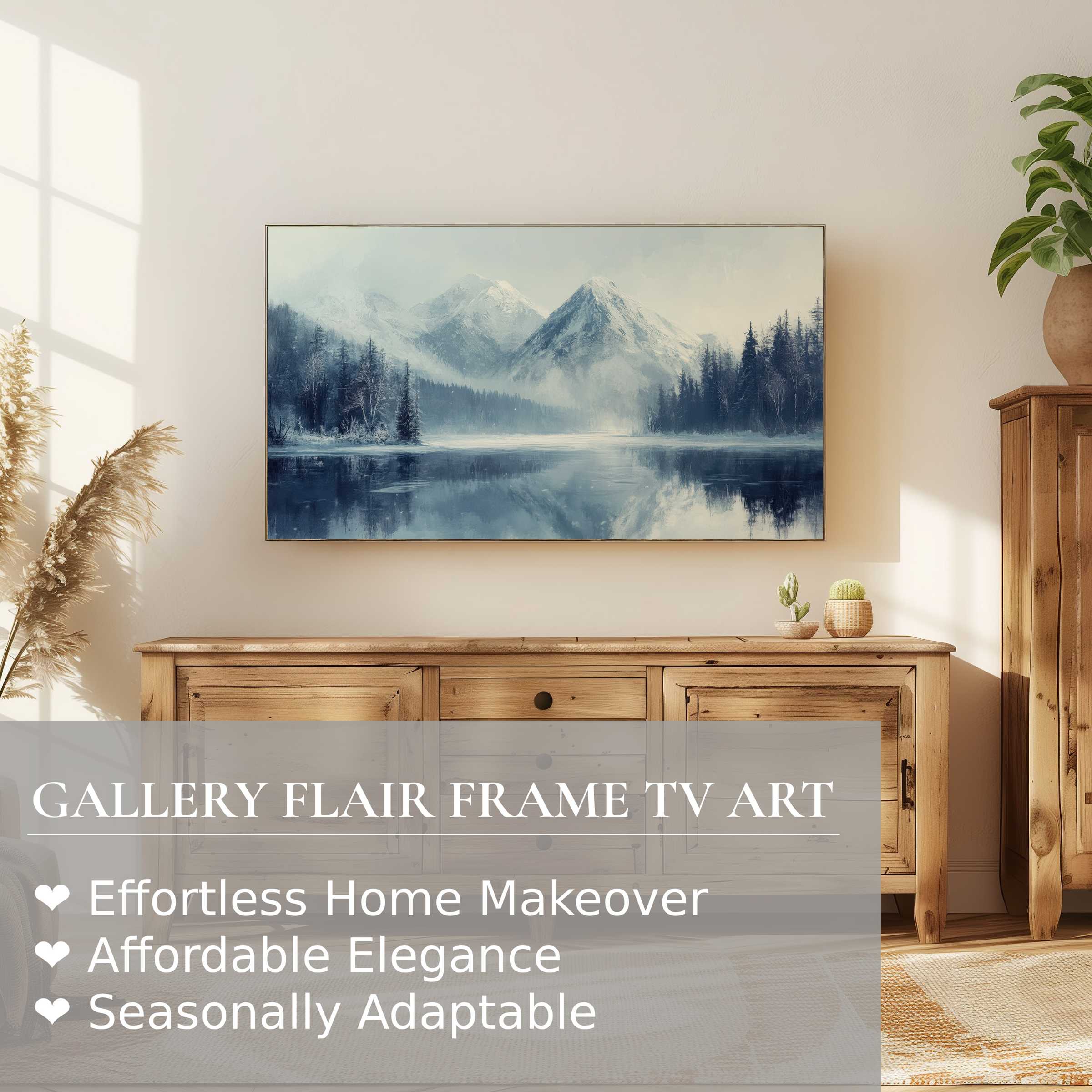Serene winter digital artwork of snowy mountains on Samsung Frame TV in a refined, modern living space