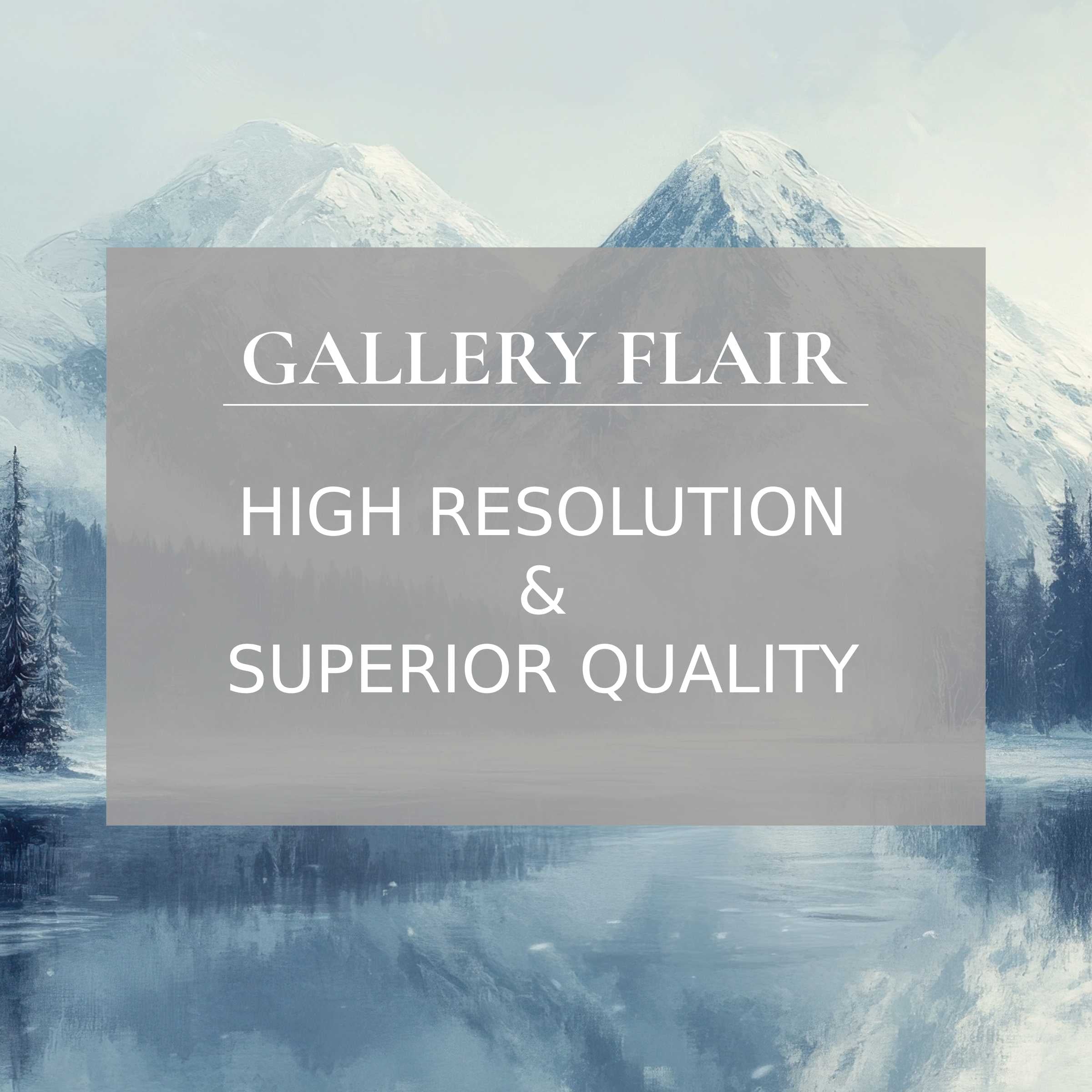 Ethereal winter printable art capturing serene snow-capped peaks and tranquil icy lakes, exquisitely detailed to elevate modern interiors