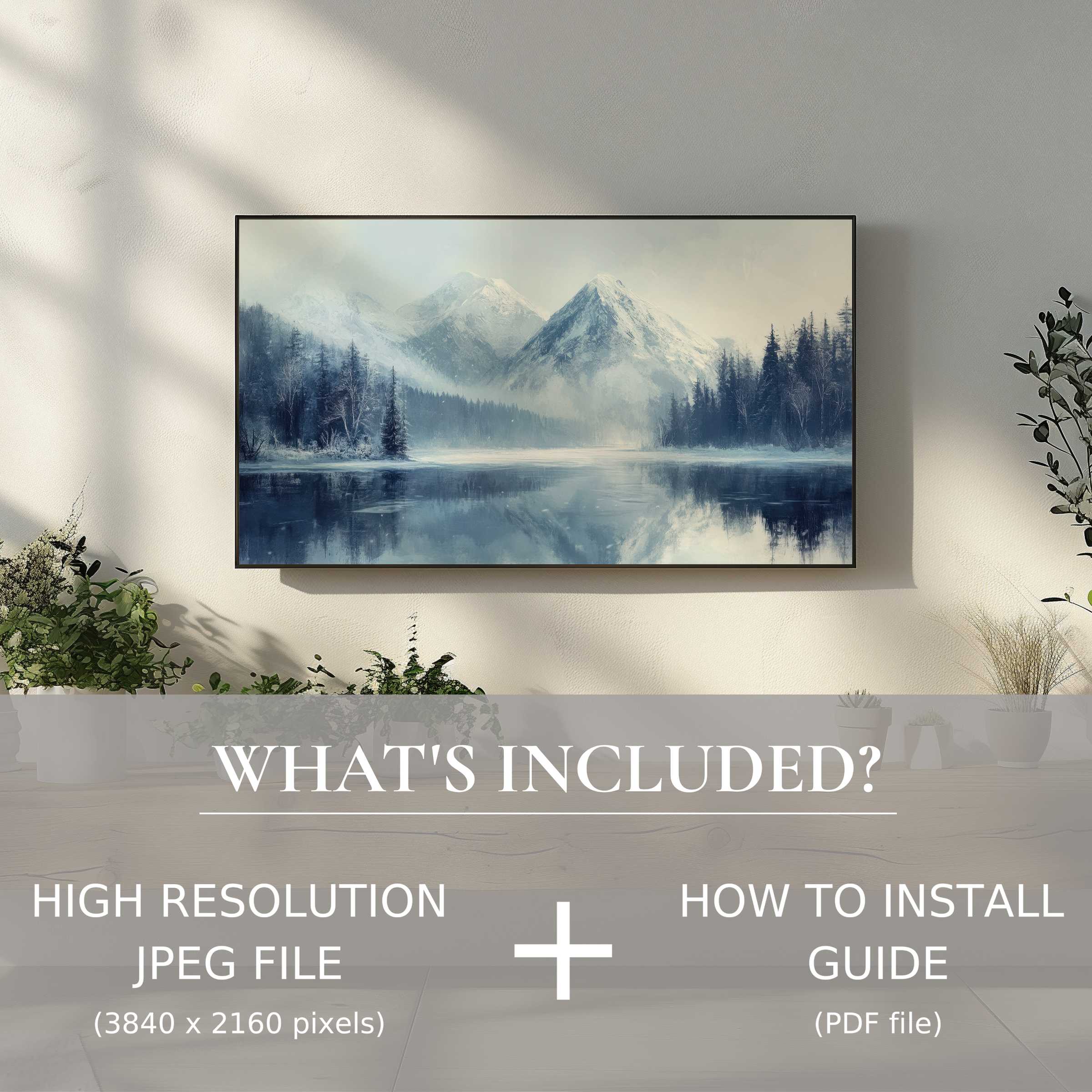 Winter digital TV art download: elegant snowy mountain scene enhancing modern living spaces with easy digital use