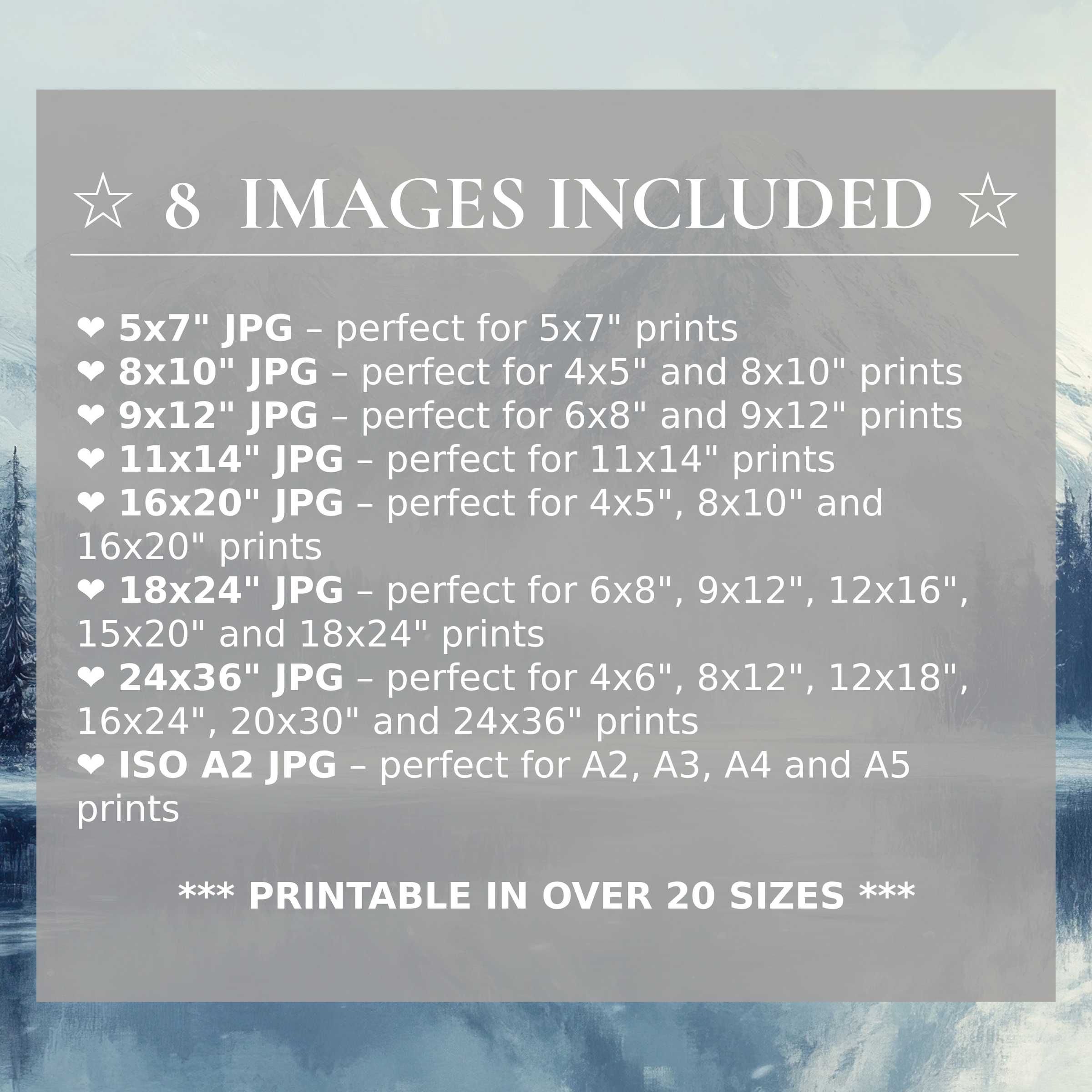 Winter digital print featuring serene blue and soft gray tones, radiating calming elegance for modern interiors, includes 8 high-quality sizes