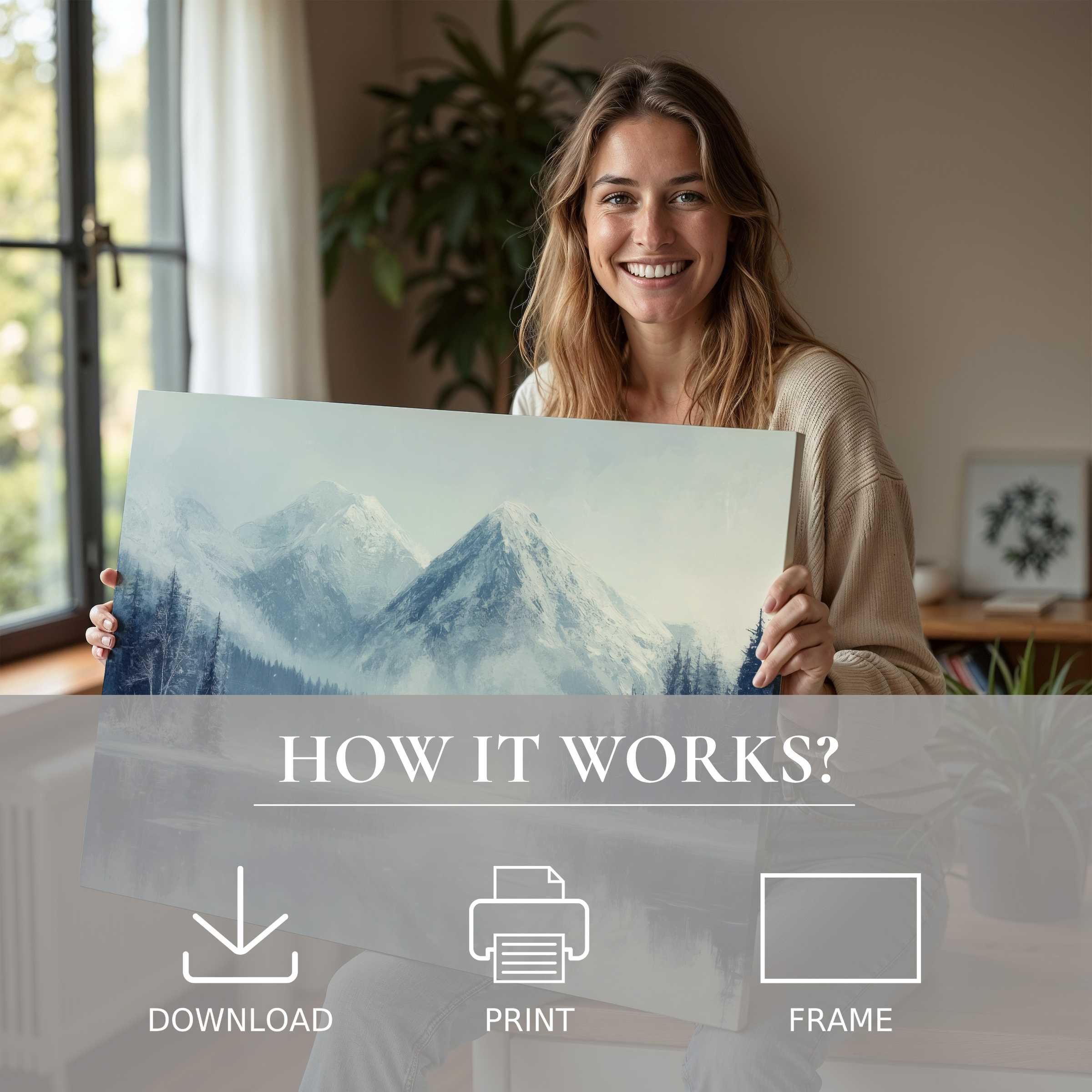 Graceful winter digital art print brings serene mountain calm into a modern home, inspiring joy and effortless elegance