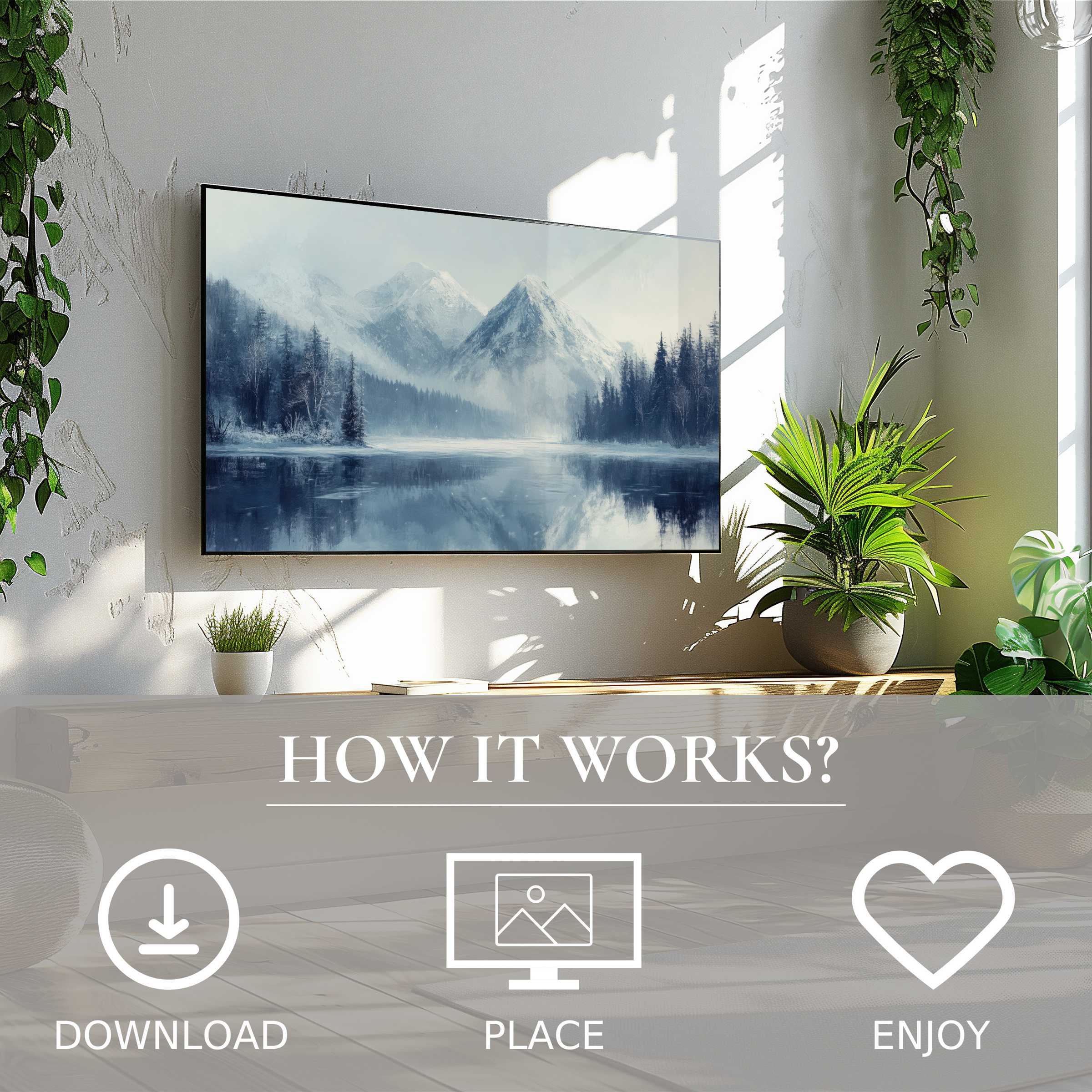 Winter art for Samsung TV shows serene snowy mountains reflected in water, easy digital download enriches modern spaces