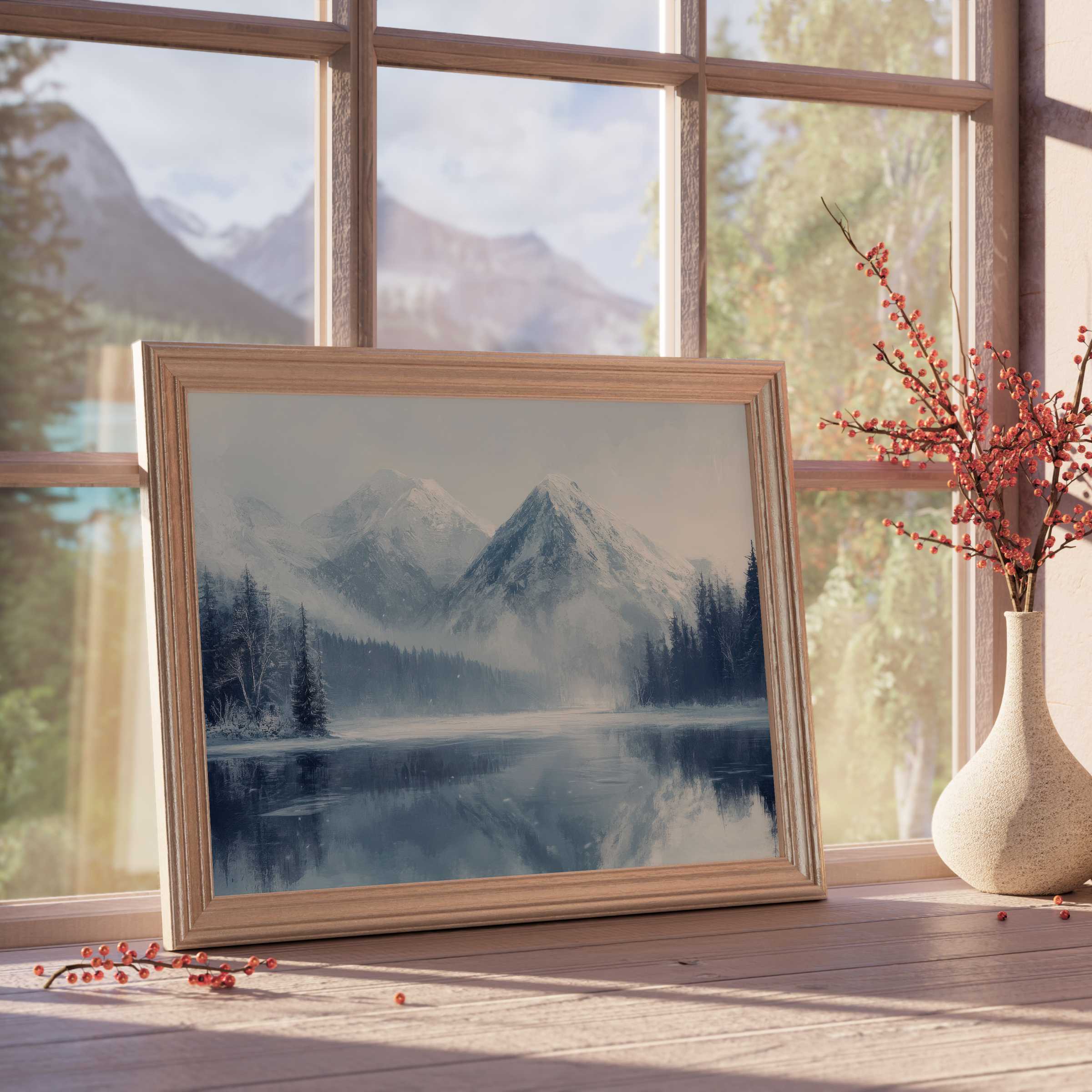 Winter downloadable art capturing serene snowy peaks and calm lakes, enriching modern interiors with tranquil, curated elegance