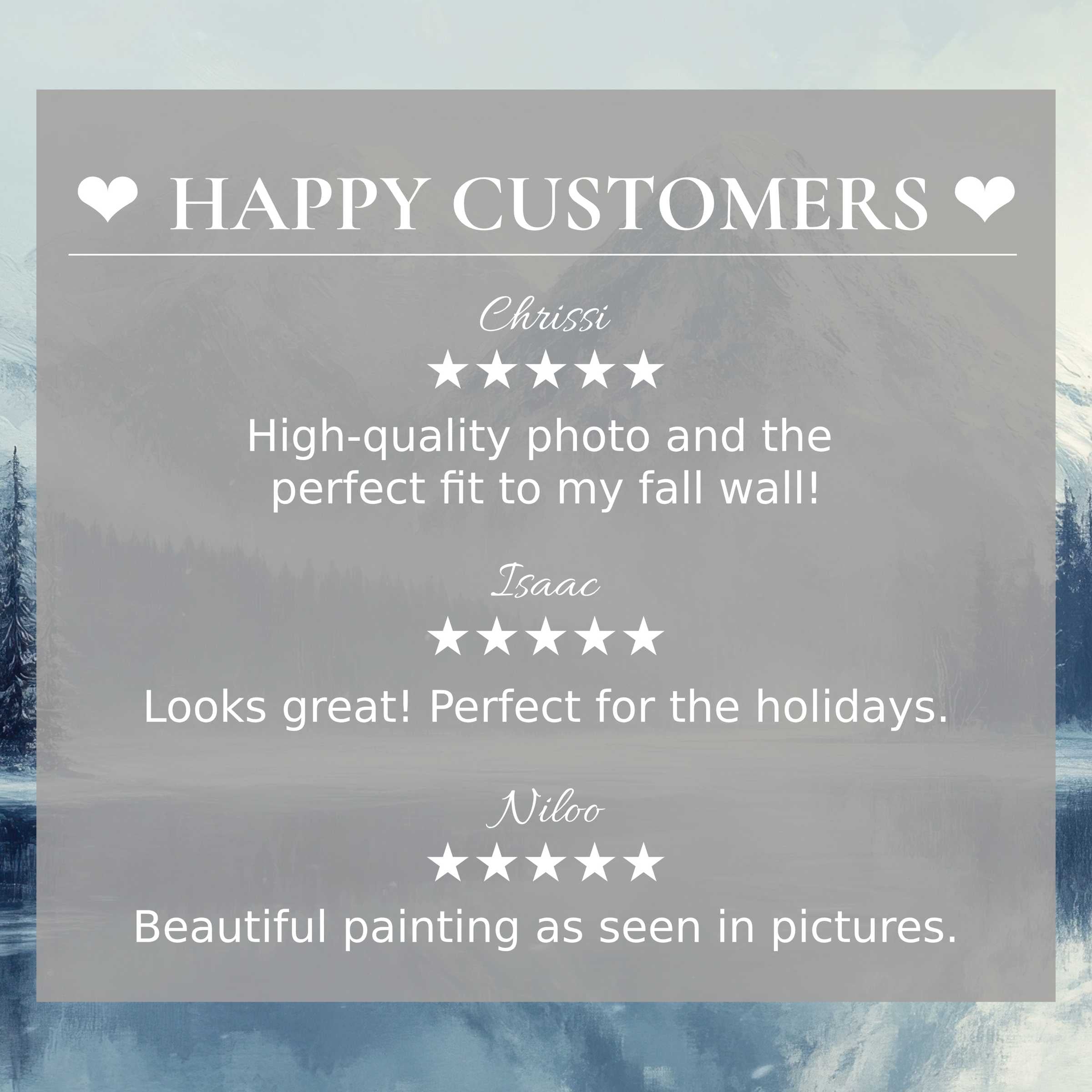 Winter art for Frame TV with abstract mountain scenery, showcasing happy customer reviews and refined trust