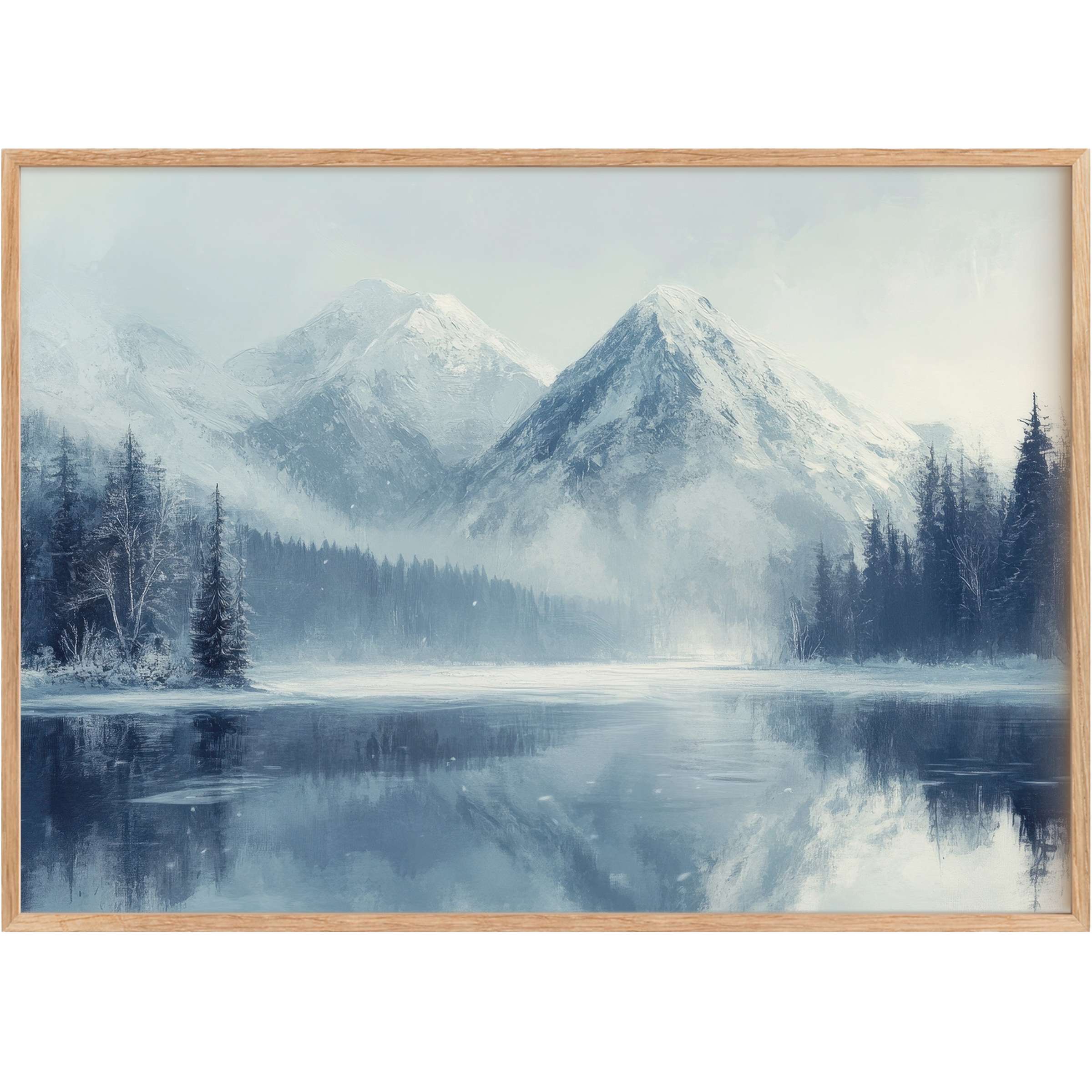 Winter printable wall art capturing serene snowy mountains and reflective icy lake, evoking calm and refined elegance