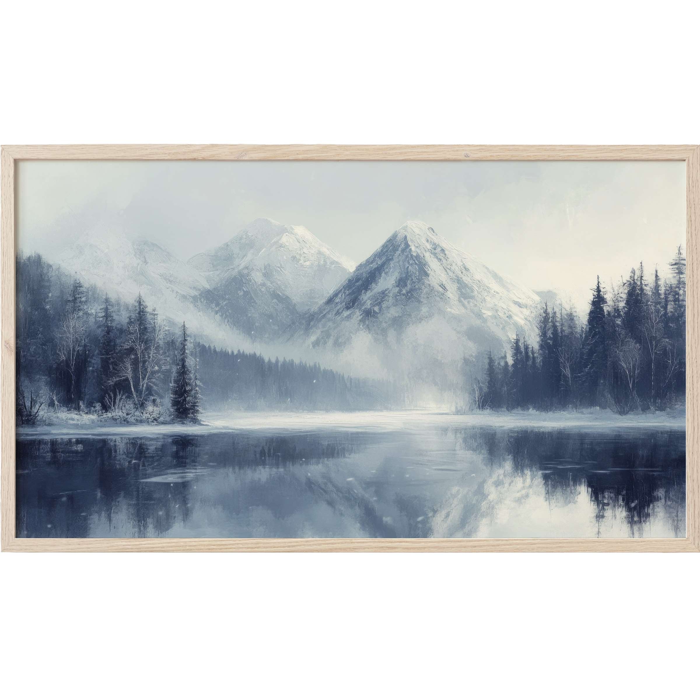 Winter Frame TV Art depicting serene snow-capped mountains and misty forests reflected in icy water in soft blues and grays