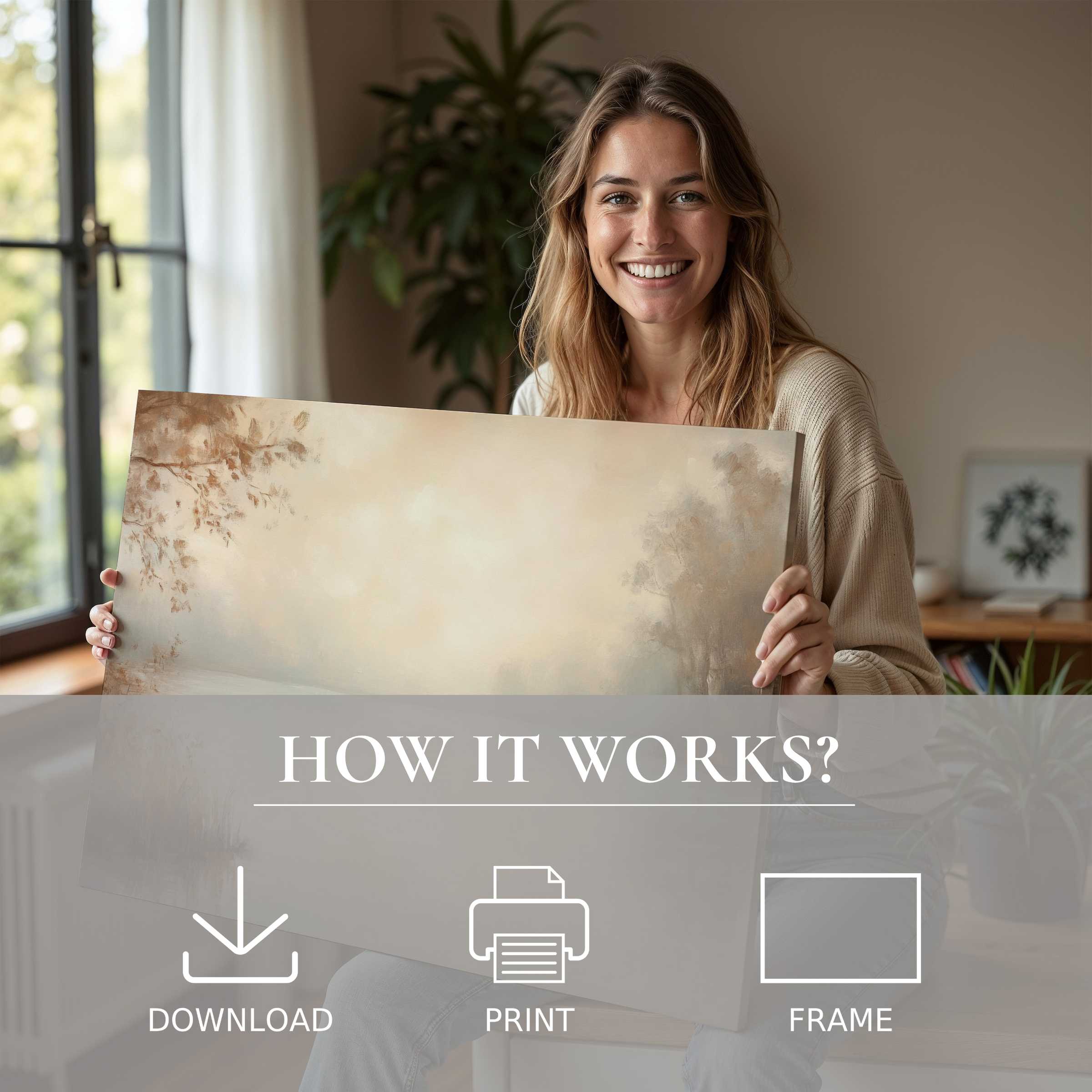 Elegant fall digital art print embraced in a sunlit modern home, evoking warmth, calm, and effortless beauty in decor