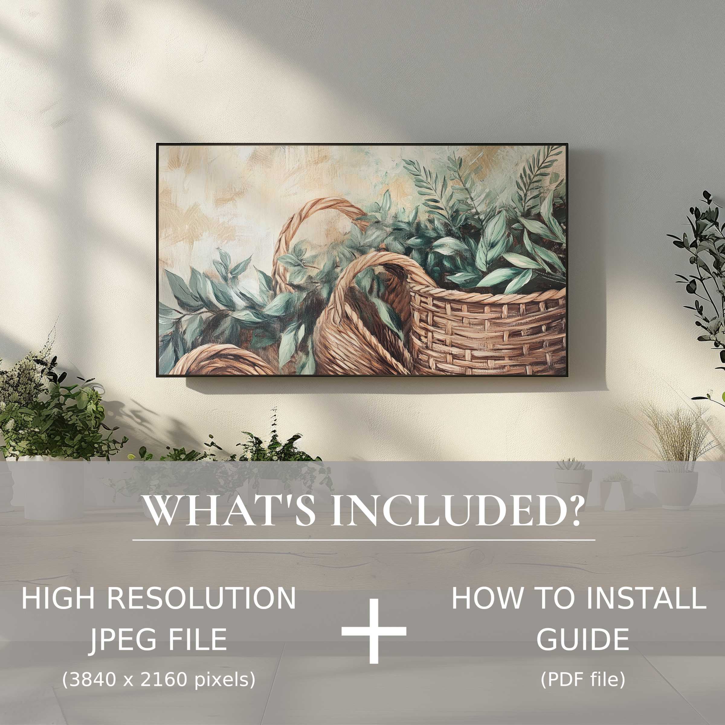 Elegant boho digital TV art download with easy use, enhancing living spaces with lush botanical baskets in soft tones