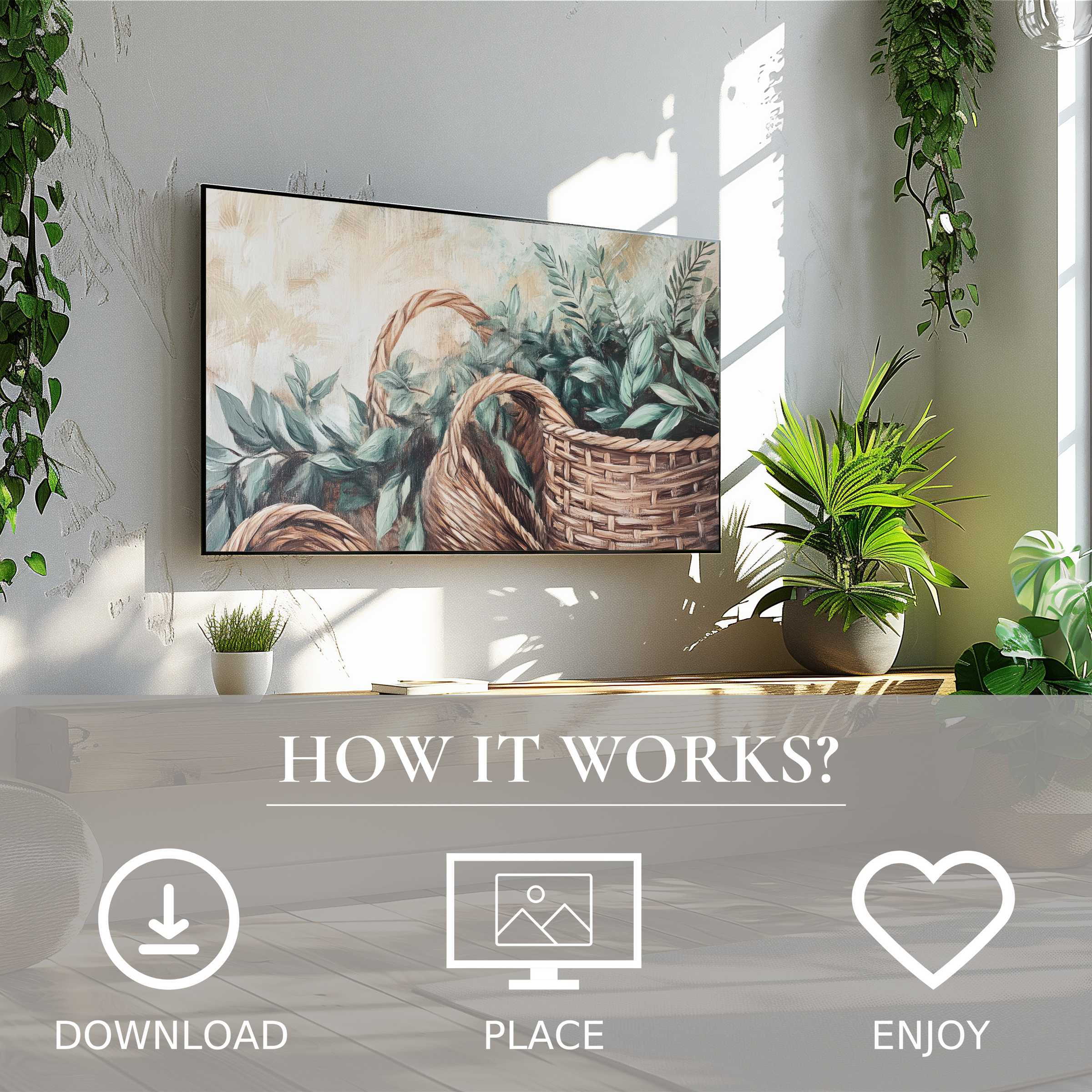 Boho art for Samsung TV with natural basket motif, easy digital download enriches bright, plant-filled living rooms