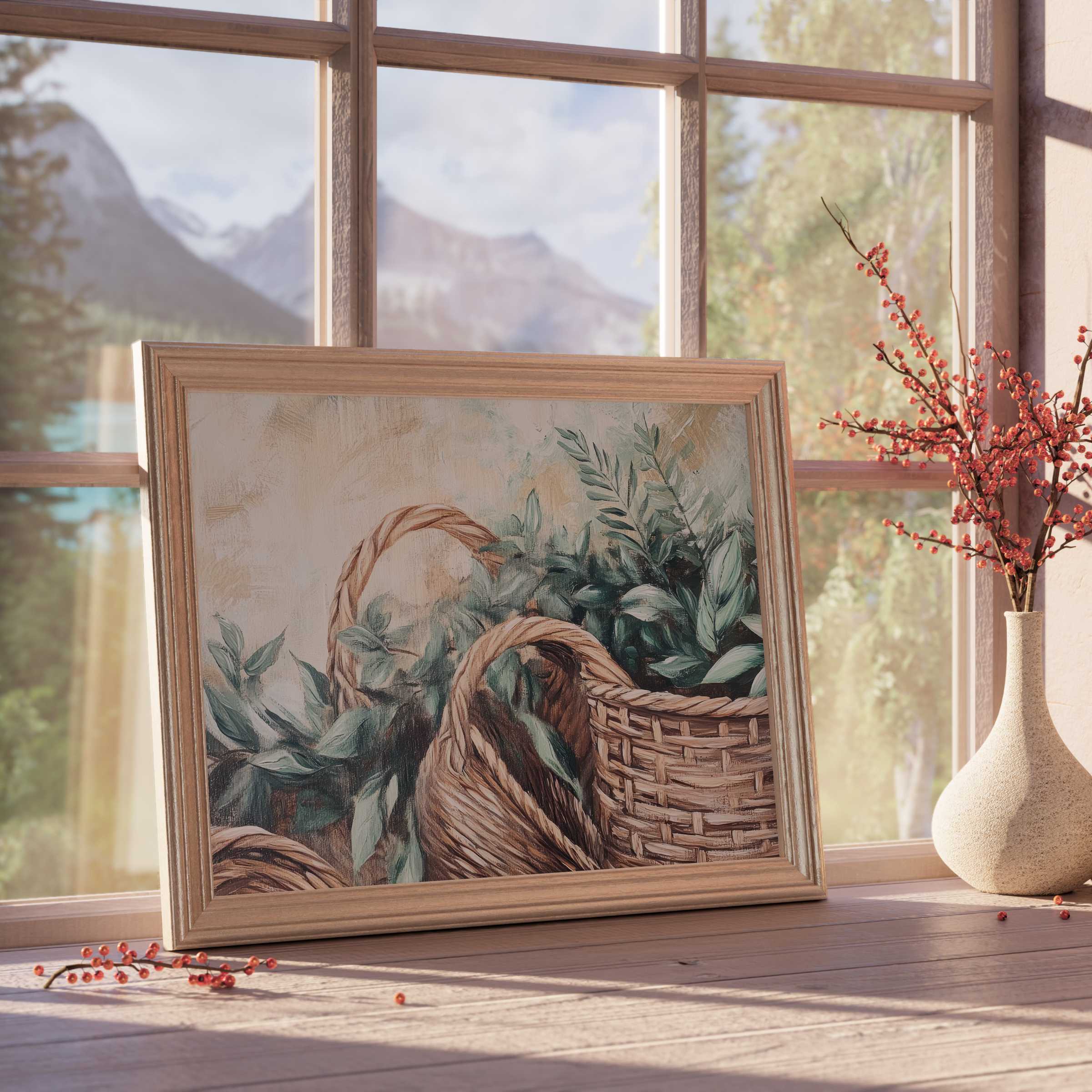 Boho downloadable art featuring woven baskets and soft greenery, evoking calm, curated warmth in stylish, tranquil interiors