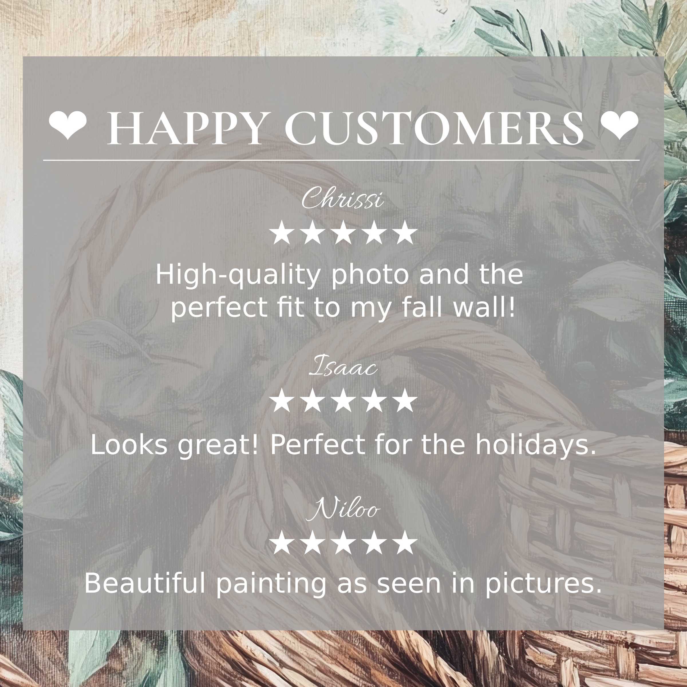 Boho art for Frame TV with soft leafy background; layout highlights elegant design and happy customer reviews