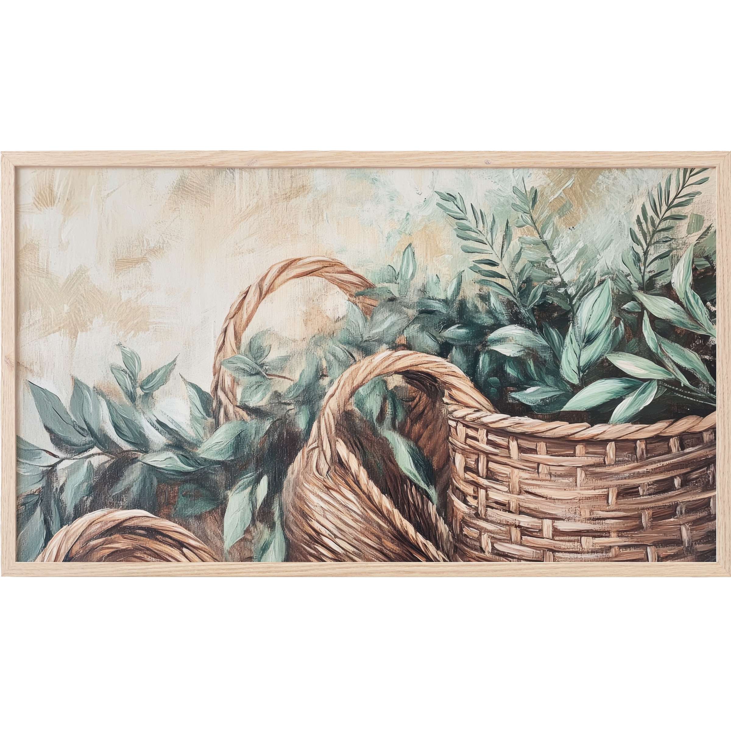 Boho Frame TV Art depicting woven baskets and lush green foliage in muted earth tones, elegant and natural