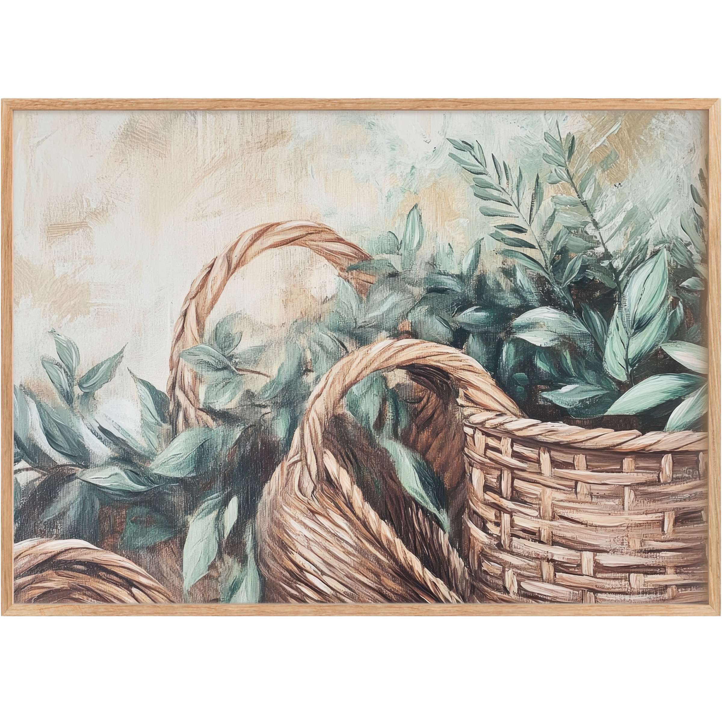 Boho printable wall art featuring woven baskets and lush greenery in soft greens and warm neutrals, evoking a serene, earthy ambiance