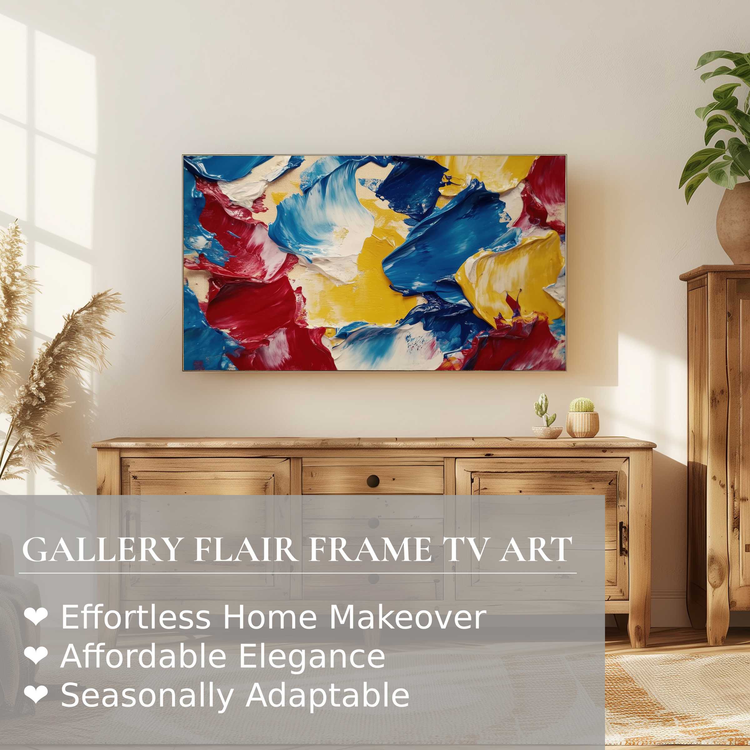 Samsung Frame TV displaying vibrant modern digital artwork in a sunlit, elegant, and refined living space