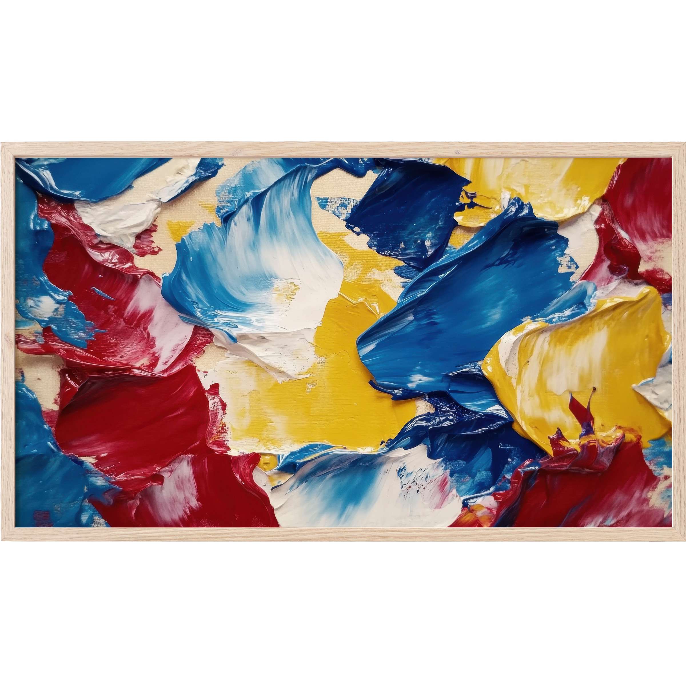 Vibrant abstract swirls of red, blue, yellow, and white create dynamic texture in this modern Frame TV Art