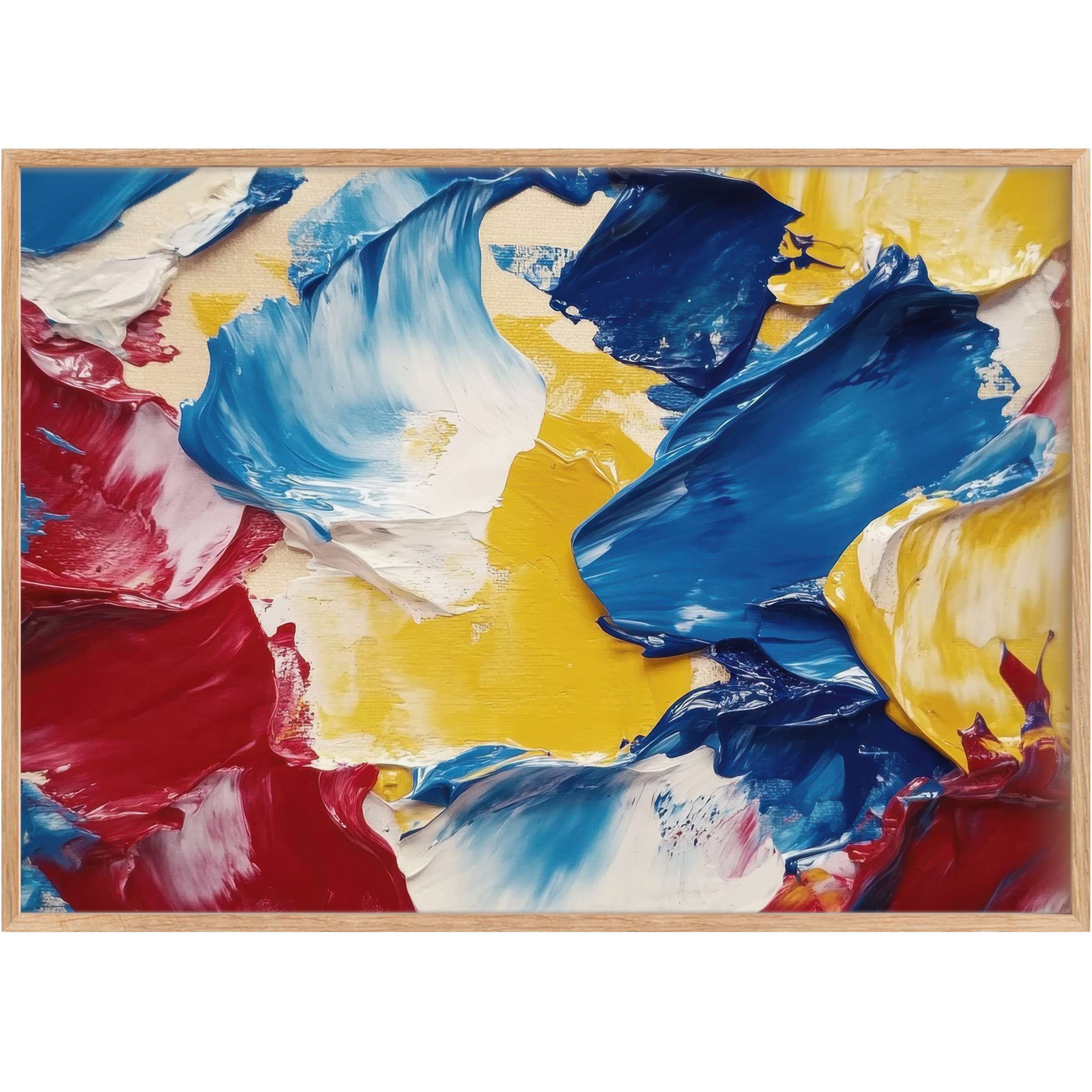 Vibrant modern printable wall art blending bold reds, deep blues, and sunny yellows for a dynamic, uplifting ambiance