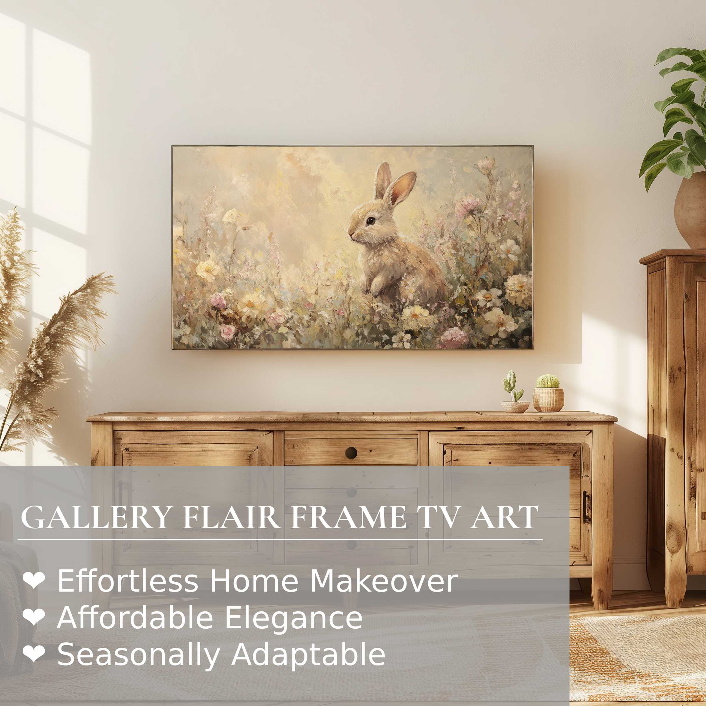 Samsung Frame TV displaying elegant easter digital artwork of a soft-hued bunny in floral setting