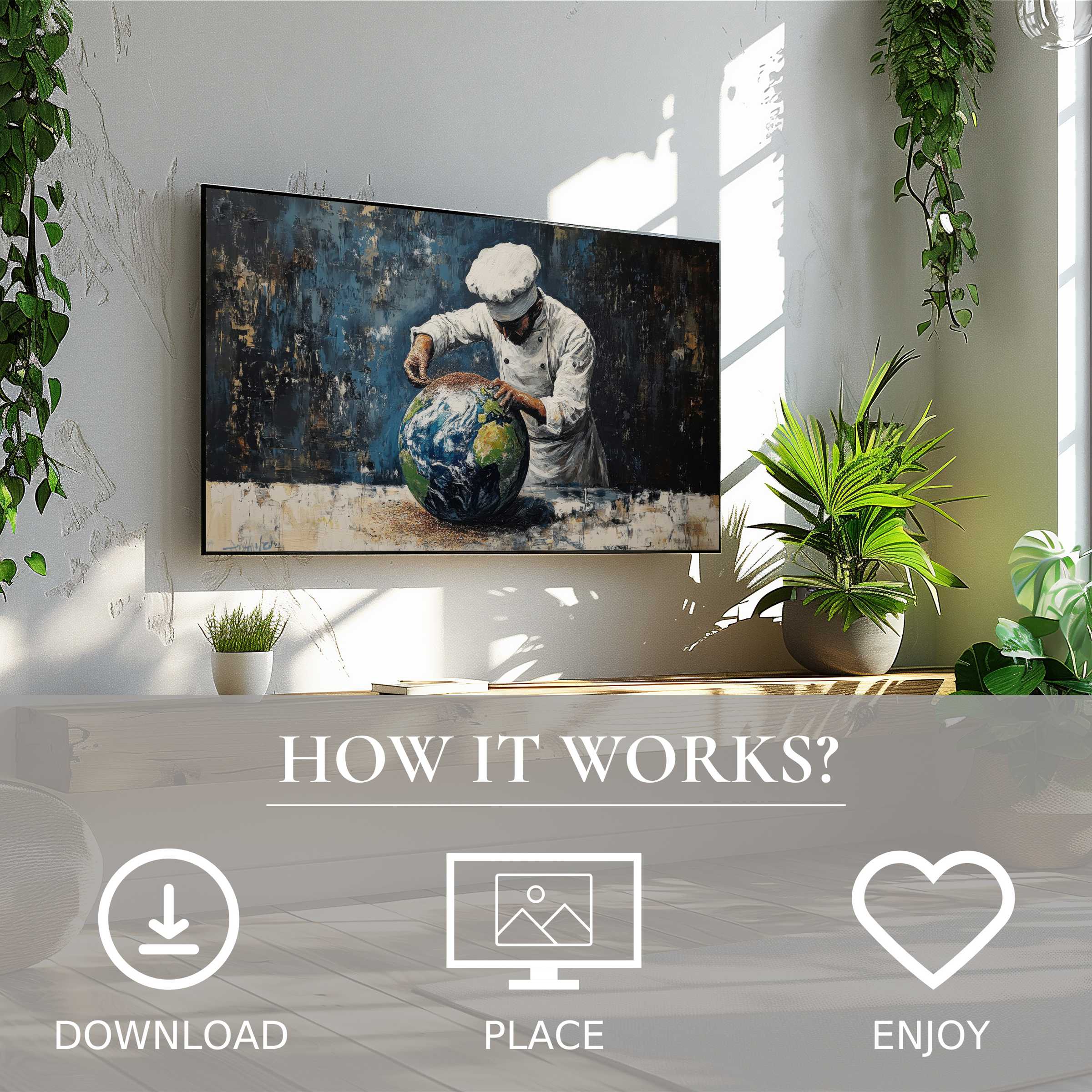 Modern living room with street art for Samsung TV; chef painting Earth in rich blues Easy digital download