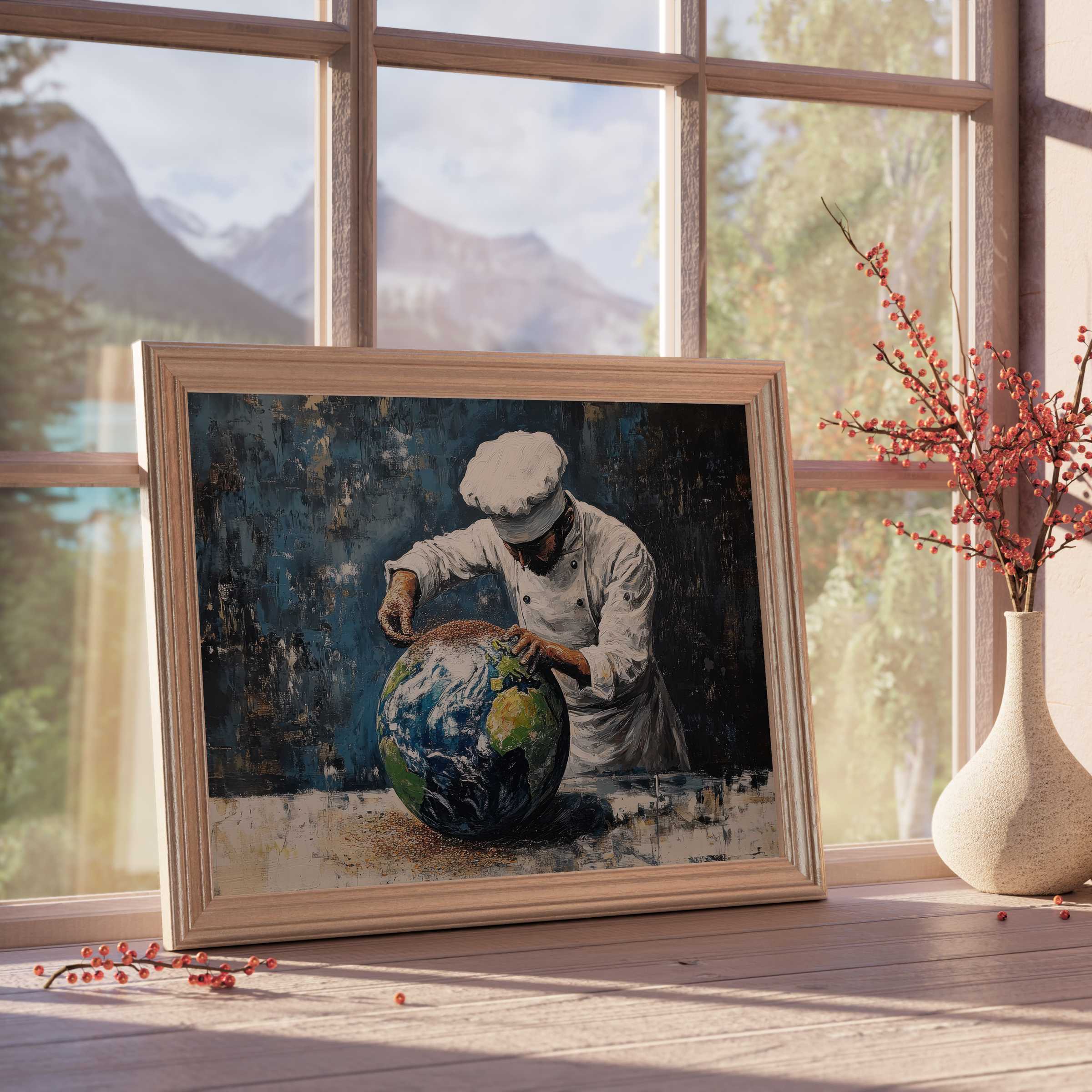Street art downloadable art showcasing a chef seasoning the Earth, infusing vibrant, curated interiors with thoughtful urban elegance