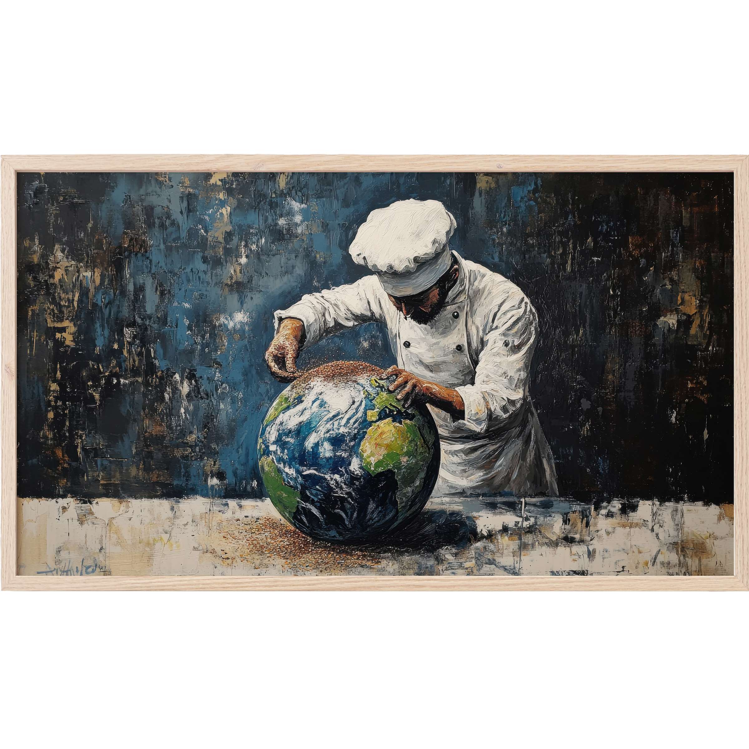 Street art Frame TV Art of a chef seasoning Earth globe with textured brushstrokes in deep blues and earth tones
